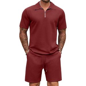 imageCOOFANDY Mens Track Suits 2 Piece Set Casual Quarter Zip Polo Shirt and Shorts Set Sweatsuit Summer OutfitsWine Red