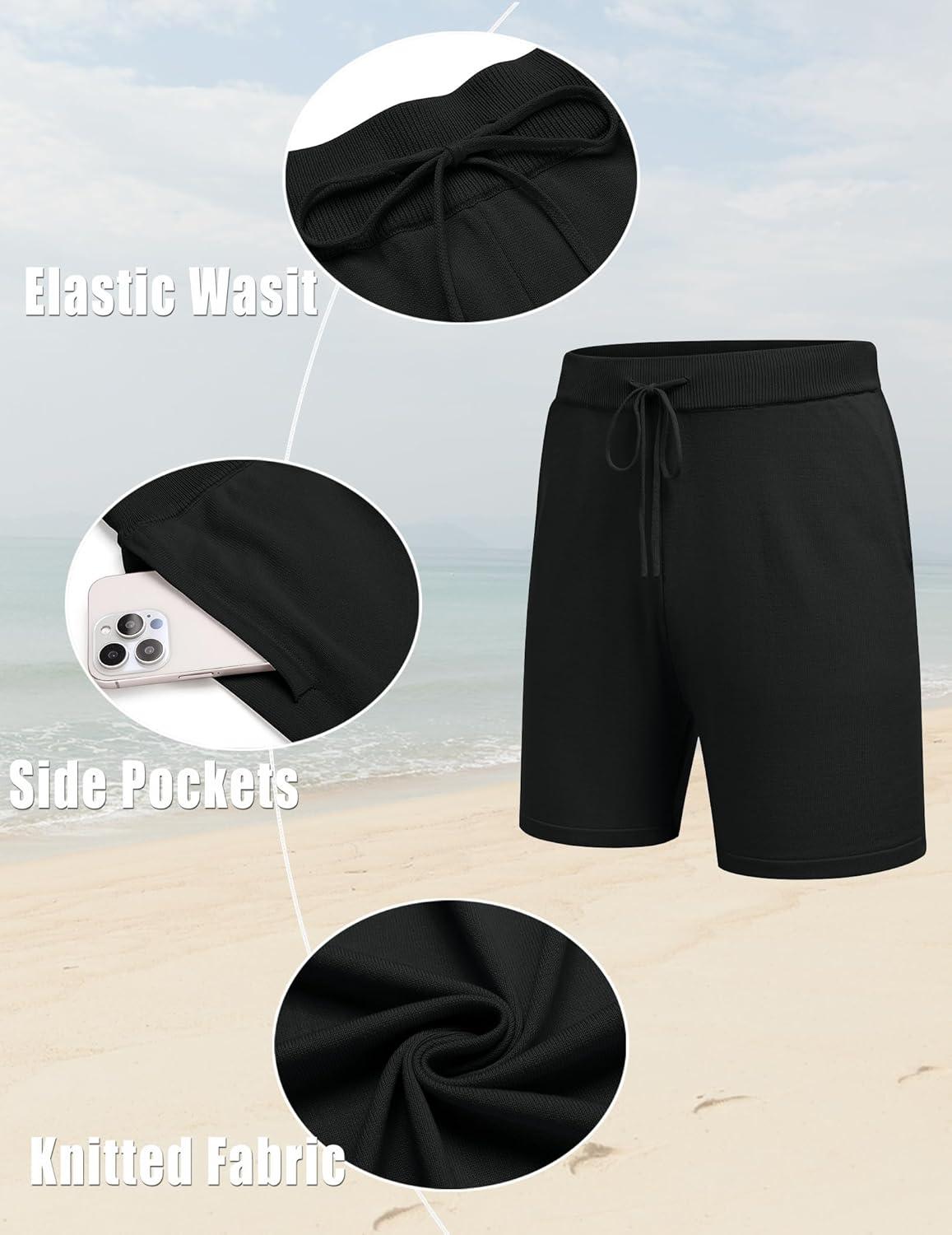 imageCOOFANDY Mens 2 Piece Outfits Knit Button Down Shirt Vintage Short Sleeve Polo Shirts Summer Casual Beach Shorts SetsBlack