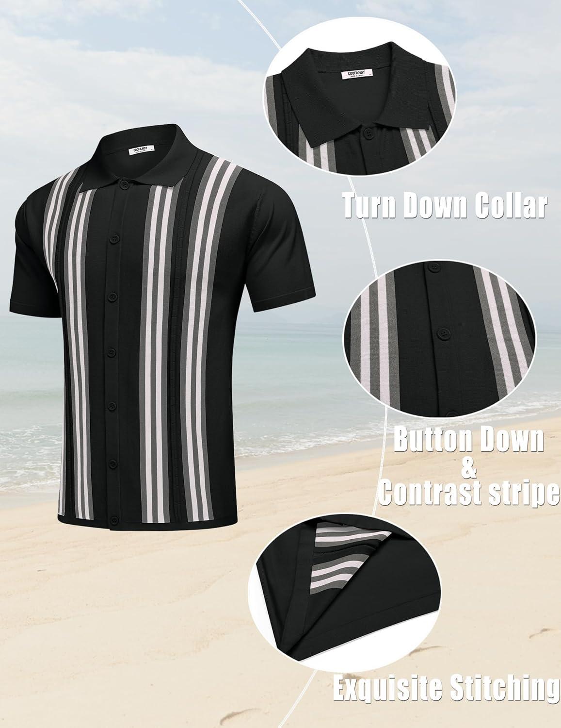 imageCOOFANDY Mens 2 Piece Outfits Knit Button Down Shirt Vintage Short Sleeve Polo Shirts Summer Casual Beach Shorts SetsBlack