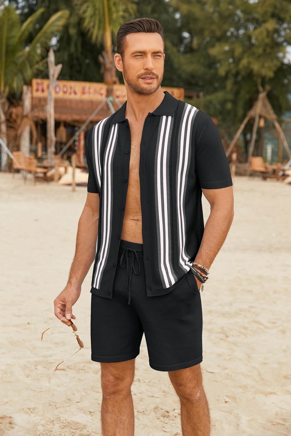 imageCOOFANDY Mens 2 Piece Outfits Knit Button Down Shirt Vintage Short Sleeve Polo Shirts Summer Casual Beach Shorts SetsBlack