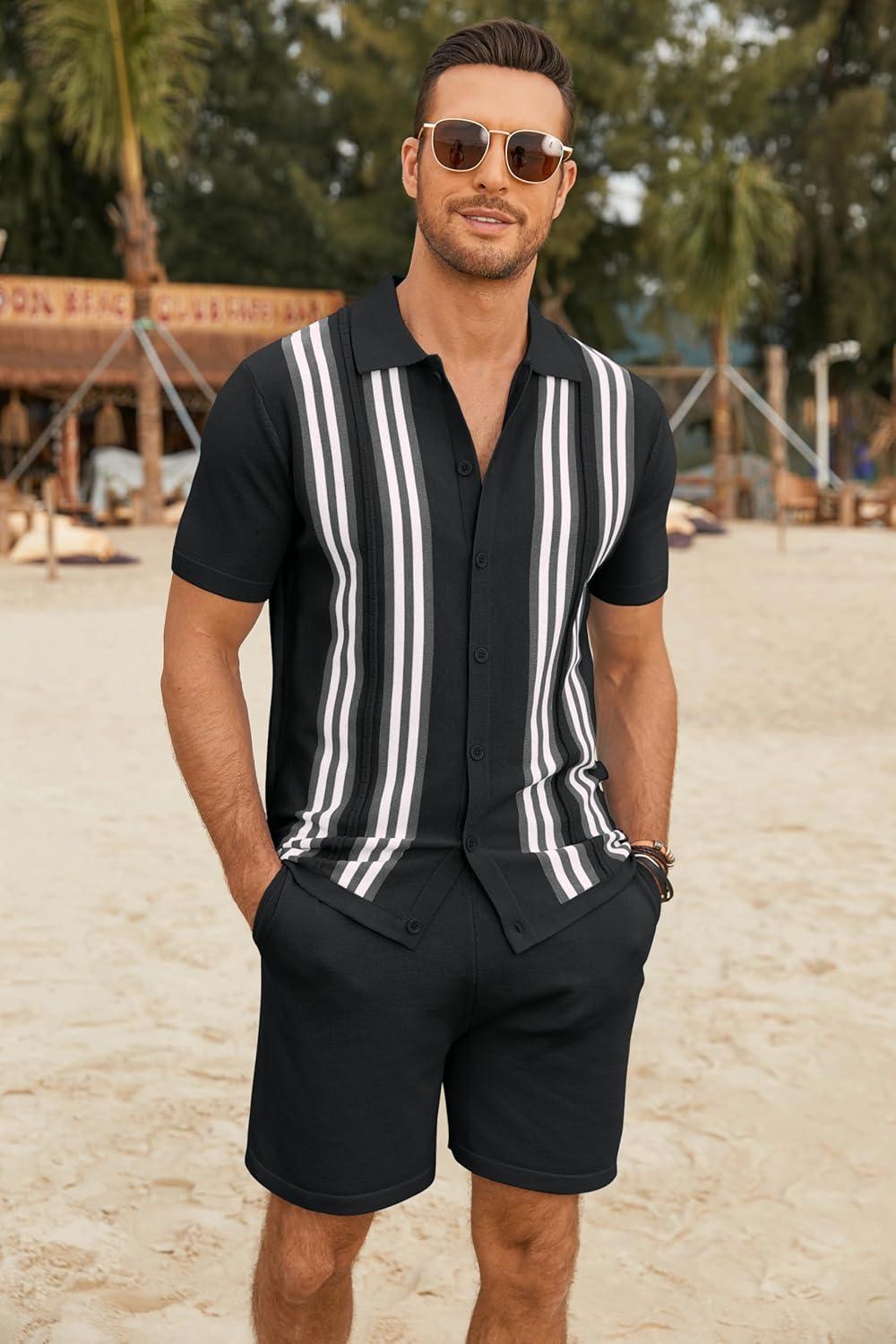 imageCOOFANDY Mens 2 Piece Outfits Knit Button Down Shirt Vintage Short Sleeve Polo Shirts Summer Casual Beach Shorts SetsBlack