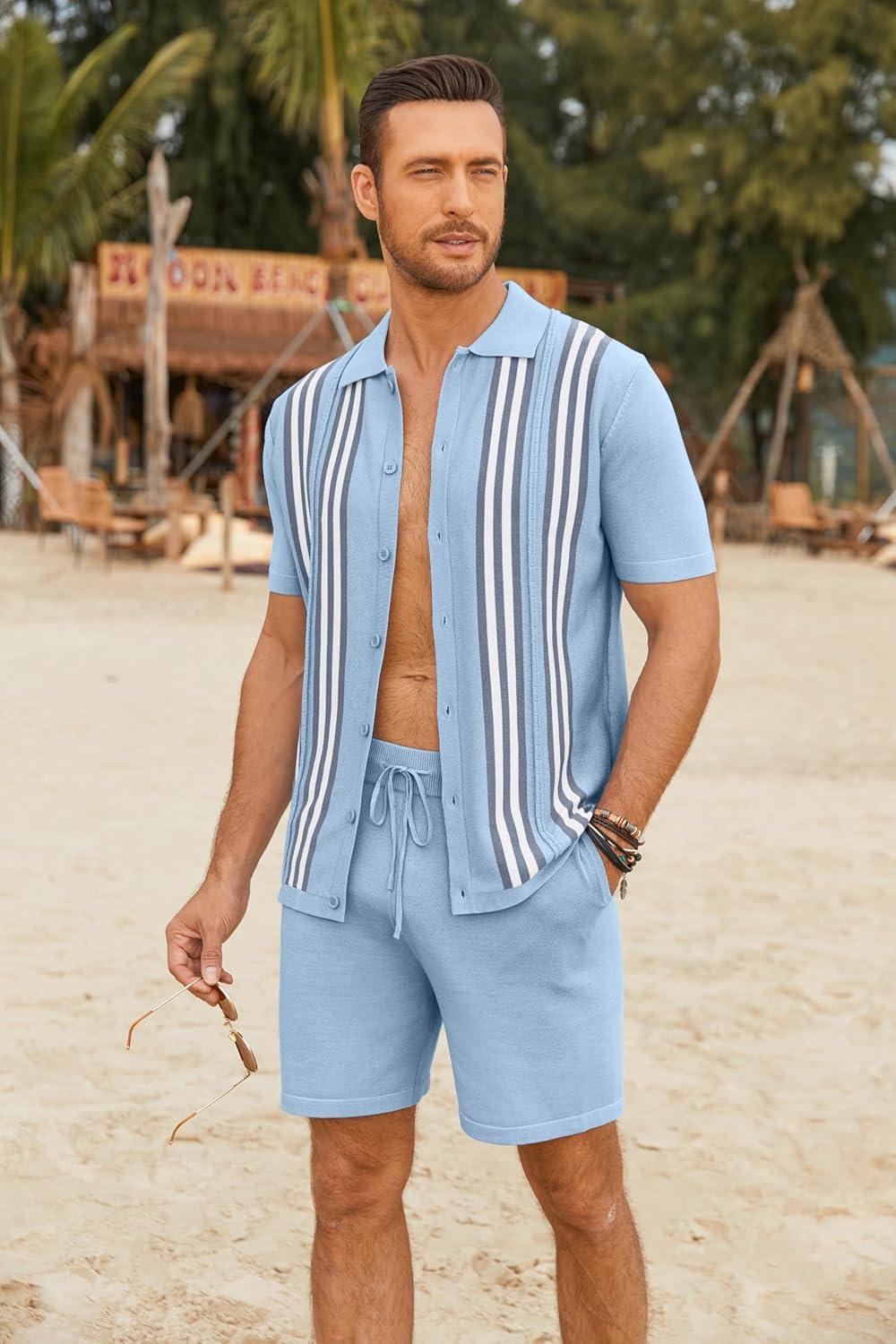 imageCOOFANDY Mens 2 Piece Outfits Knit Button Down Shirt Vintage Short Sleeve Polo Shirts Summer Casual Beach Shorts SetsBlue