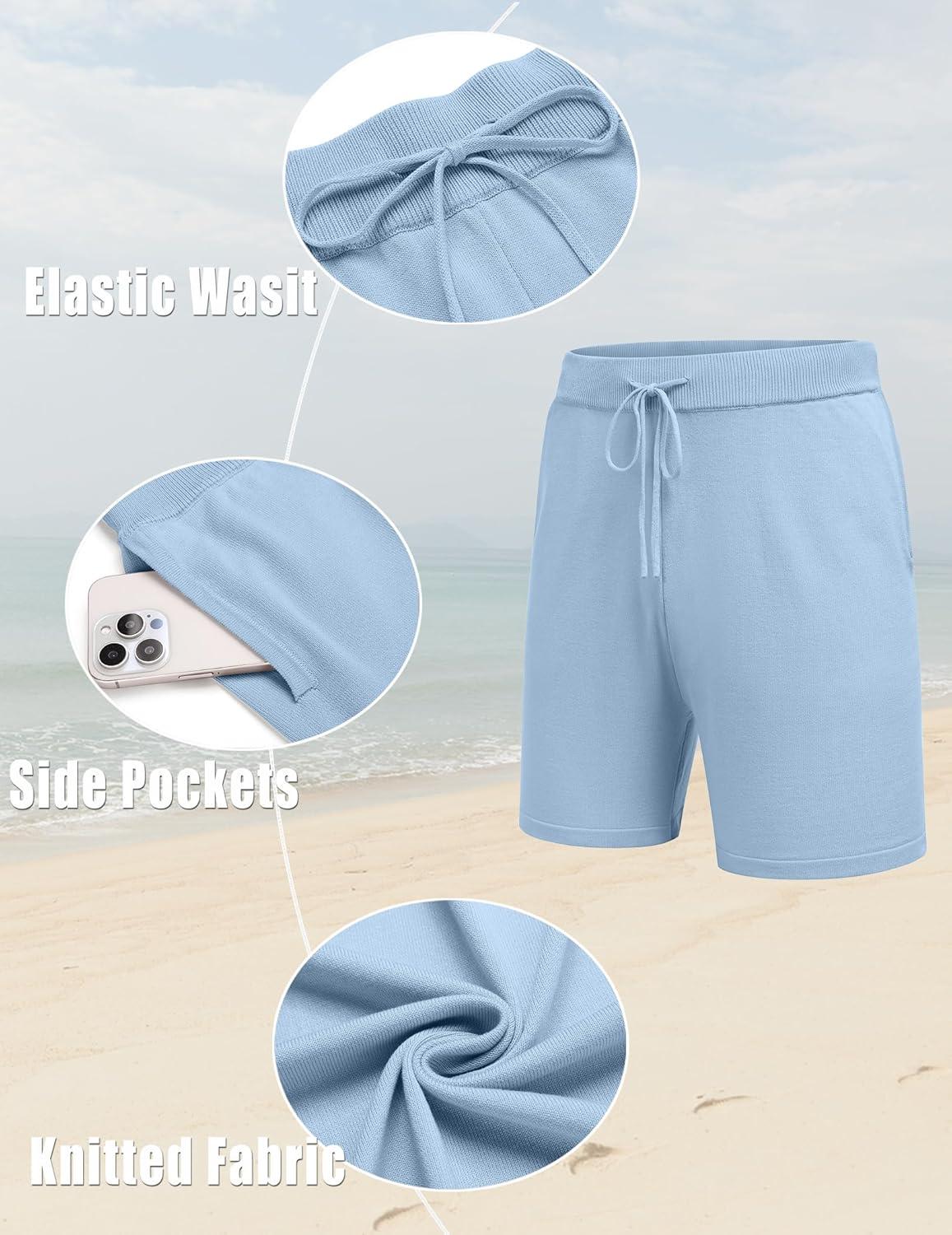 imageCOOFANDY Mens 2 Piece Outfits Knit Button Down Shirt Vintage Short Sleeve Polo Shirts Summer Casual Beach Shorts SetsBlue