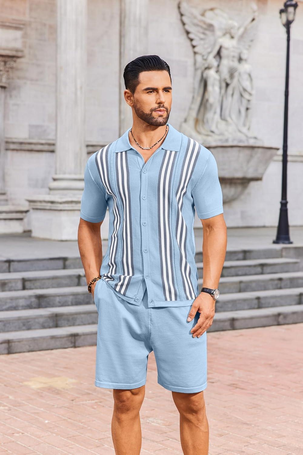 imageCOOFANDY Mens 2 Piece Outfits Knit Button Down Shirt Vintage Short Sleeve Polo Shirts Summer Casual Beach Shorts SetsBlue