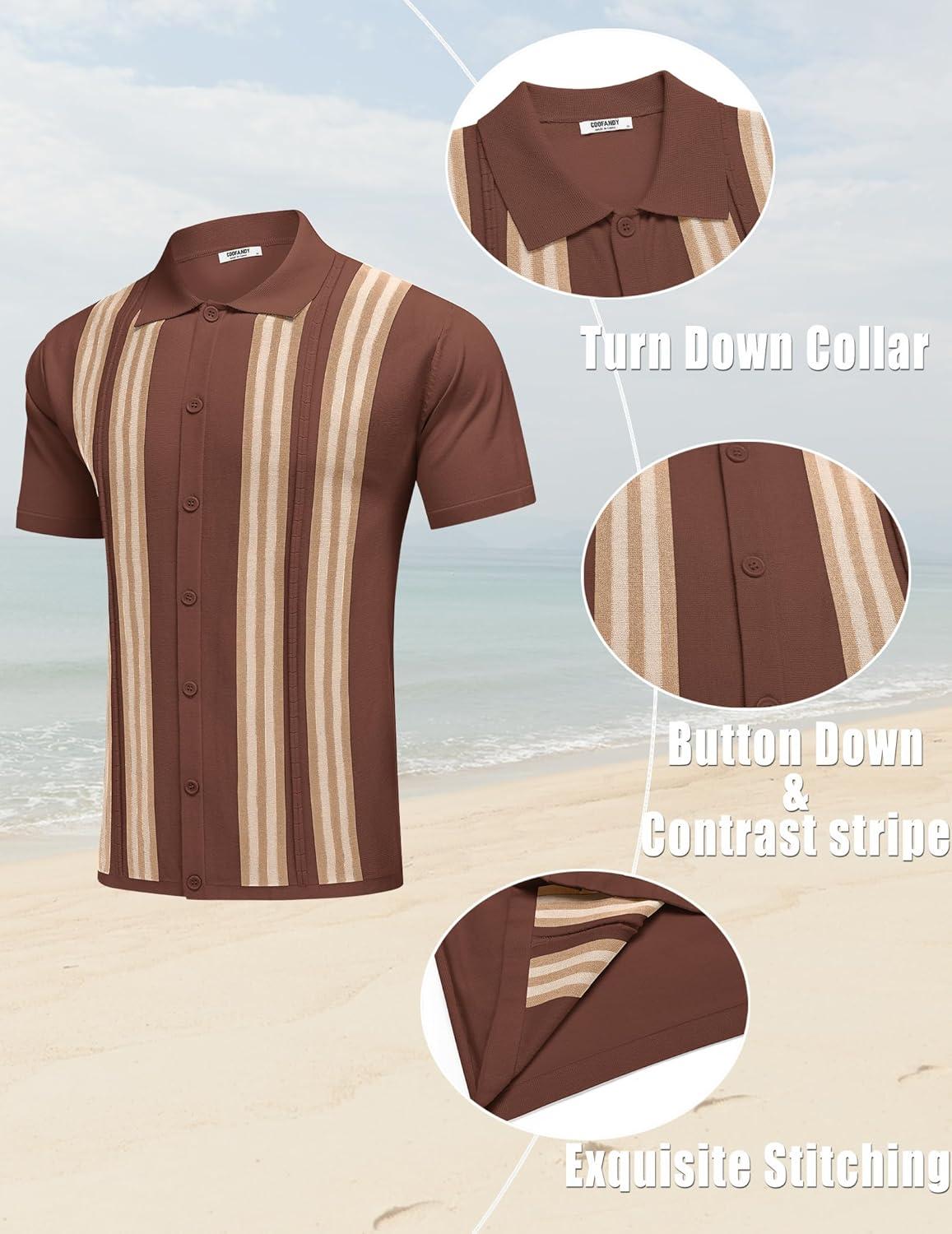 imageCOOFANDY Mens 2 Piece Outfits Knit Button Down Shirt Vintage Short Sleeve Polo Shirts Summer Casual Beach Shorts SetsBrown