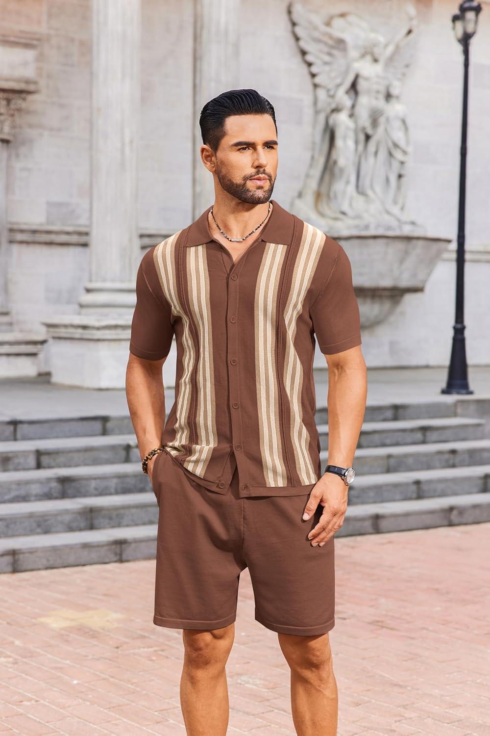 imageCOOFANDY Mens 2 Piece Outfits Knit Button Down Shirt Vintage Short Sleeve Polo Shirts Summer Casual Beach Shorts SetsBrown