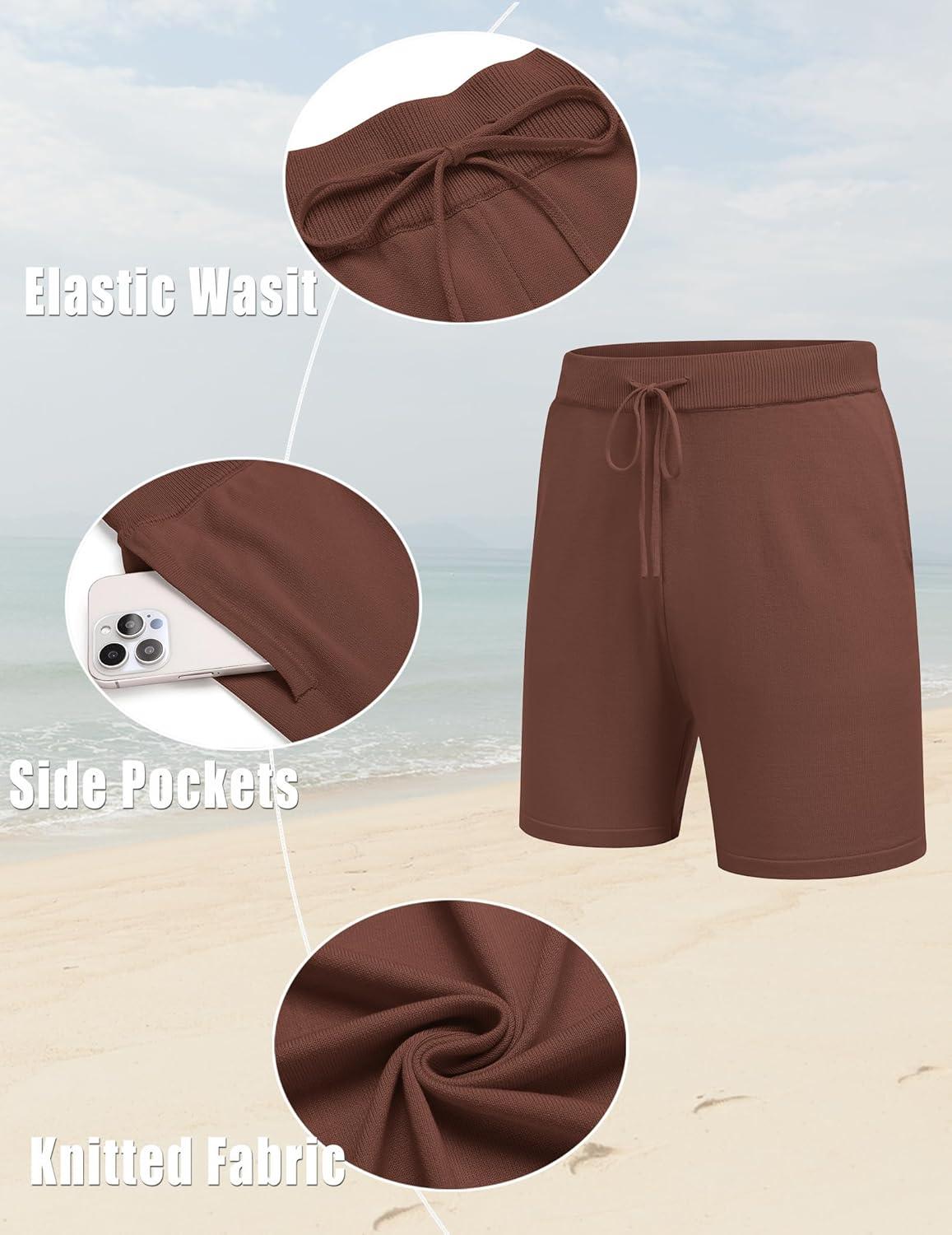 imageCOOFANDY Mens 2 Piece Outfits Knit Button Down Shirt Vintage Short Sleeve Polo Shirts Summer Casual Beach Shorts SetsBrown