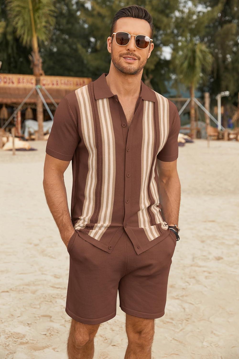 imageCOOFANDY Mens 2 Piece Outfits Knit Button Down Shirt Vintage Short Sleeve Polo Shirts Summer Casual Beach Shorts SetsBrown