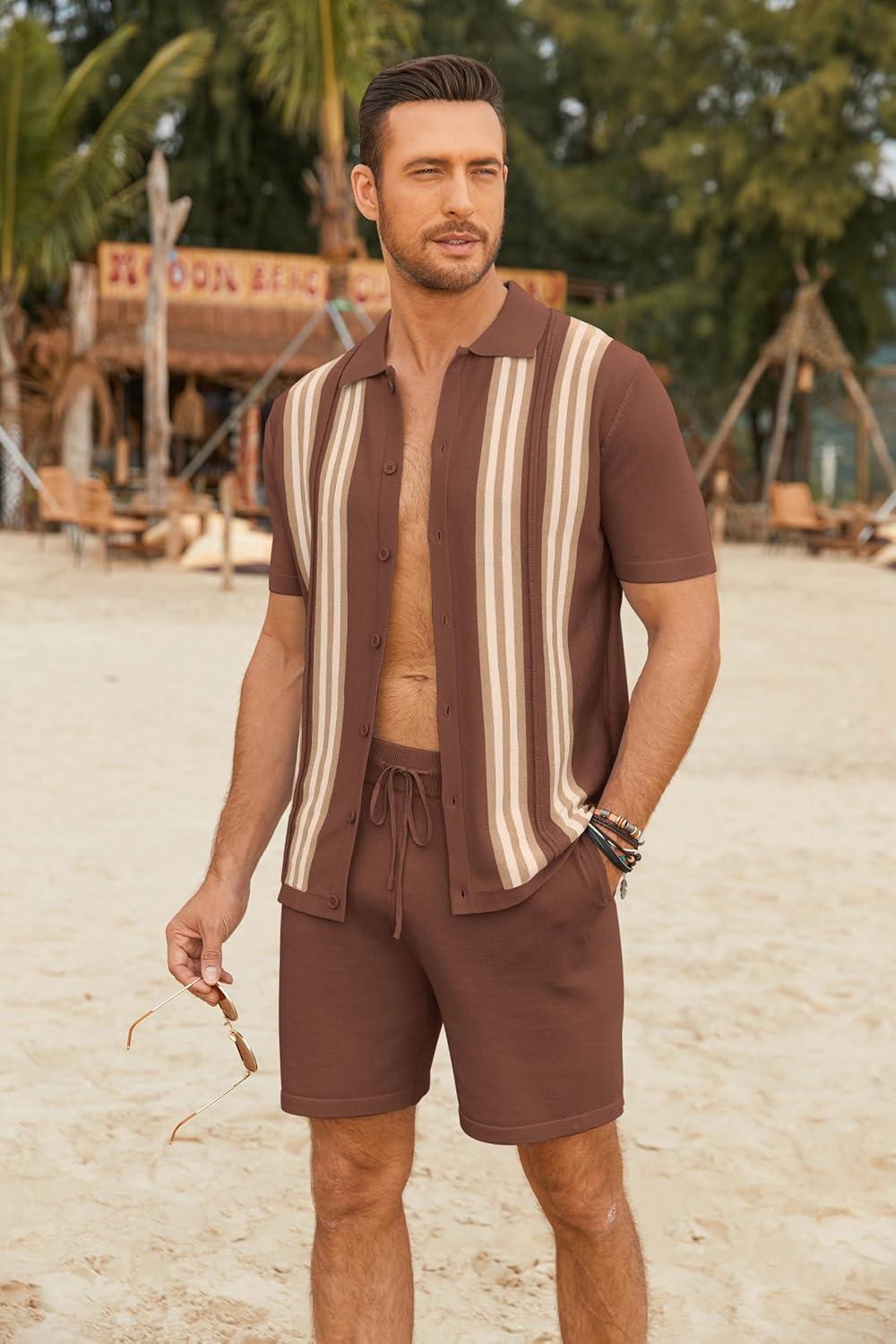 imageCOOFANDY Mens 2 Piece Outfits Knit Button Down Shirt Vintage Short Sleeve Polo Shirts Summer Casual Beach Shorts SetsBrown