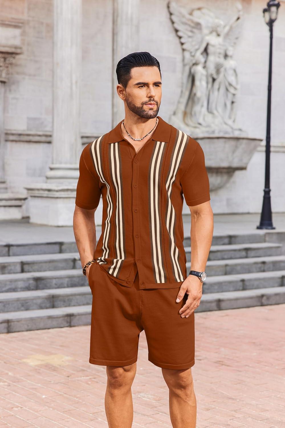 imageCOOFANDY Mens 2 Piece Outfits Knit Button Down Shirt Vintage Short Sleeve Polo Shirts Summer Casual Beach Shorts SetsCaramel