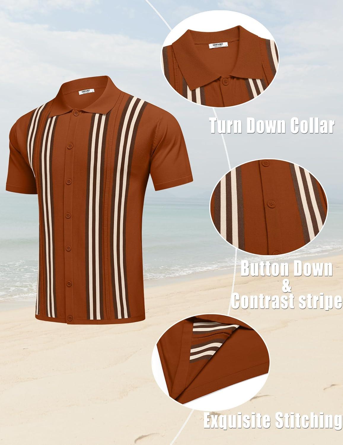 imageCOOFANDY Mens 2 Piece Outfits Knit Button Down Shirt Vintage Short Sleeve Polo Shirts Summer Casual Beach Shorts SetsCaramel