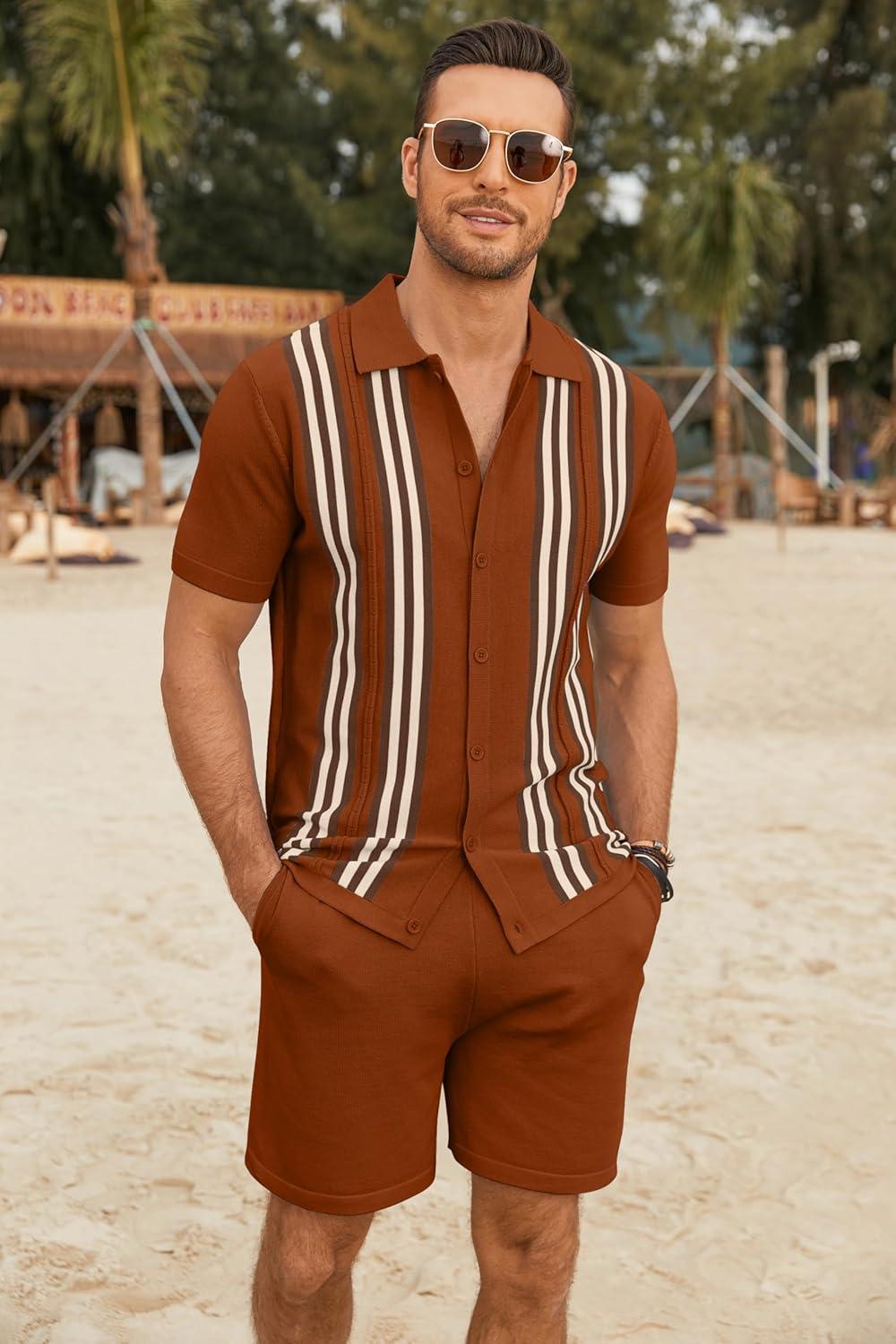 imageCOOFANDY Mens 2 Piece Outfits Knit Button Down Shirt Vintage Short Sleeve Polo Shirts Summer Casual Beach Shorts SetsCaramel