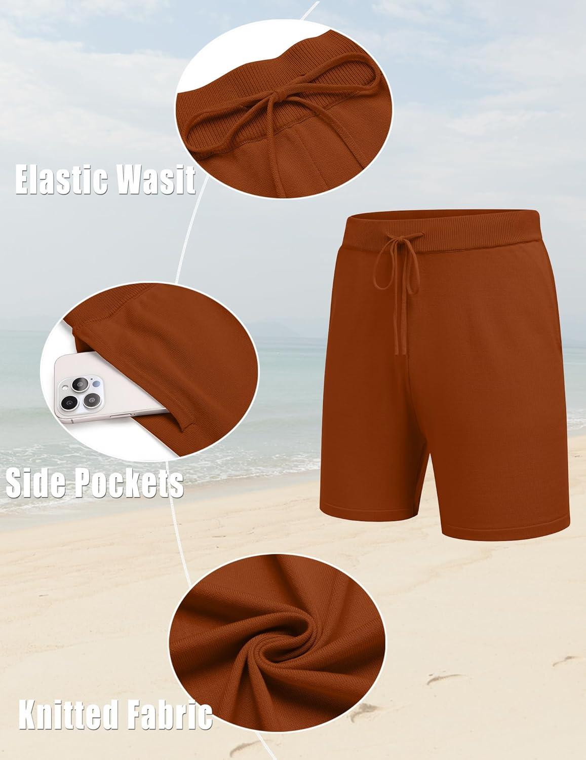 imageCOOFANDY Mens 2 Piece Outfits Knit Button Down Shirt Vintage Short Sleeve Polo Shirts Summer Casual Beach Shorts SetsCaramel