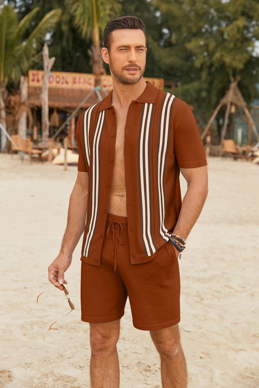 imageCOOFANDY Mens 2 Piece Outfits Knit Button Down Shirt Vintage Short Sleeve Polo Shirts Summer Casual Beach Shorts SetsCaramel