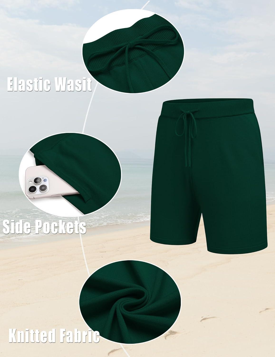 imageCOOFANDY Mens 2 Piece Outfits Knit Button Down Shirt Vintage Short Sleeve Polo Shirts Summer Casual Beach Shorts SetsDark Green