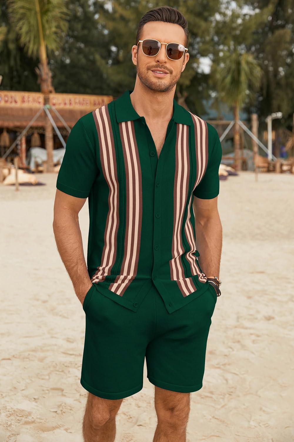 imageCOOFANDY Mens 2 Piece Outfits Knit Button Down Shirt Vintage Short Sleeve Polo Shirts Summer Casual Beach Shorts SetsDark Green