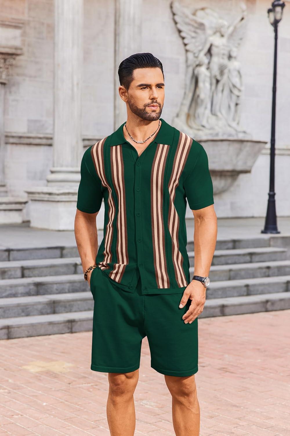 imageCOOFANDY Mens 2 Piece Outfits Knit Button Down Shirt Vintage Short Sleeve Polo Shirts Summer Casual Beach Shorts SetsDark Green