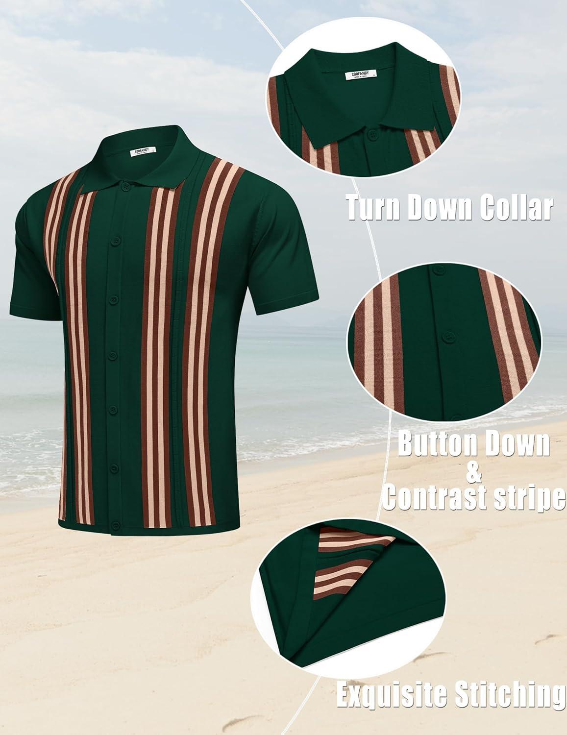 imageCOOFANDY Mens 2 Piece Outfits Knit Button Down Shirt Vintage Short Sleeve Polo Shirts Summer Casual Beach Shorts SetsDark Green