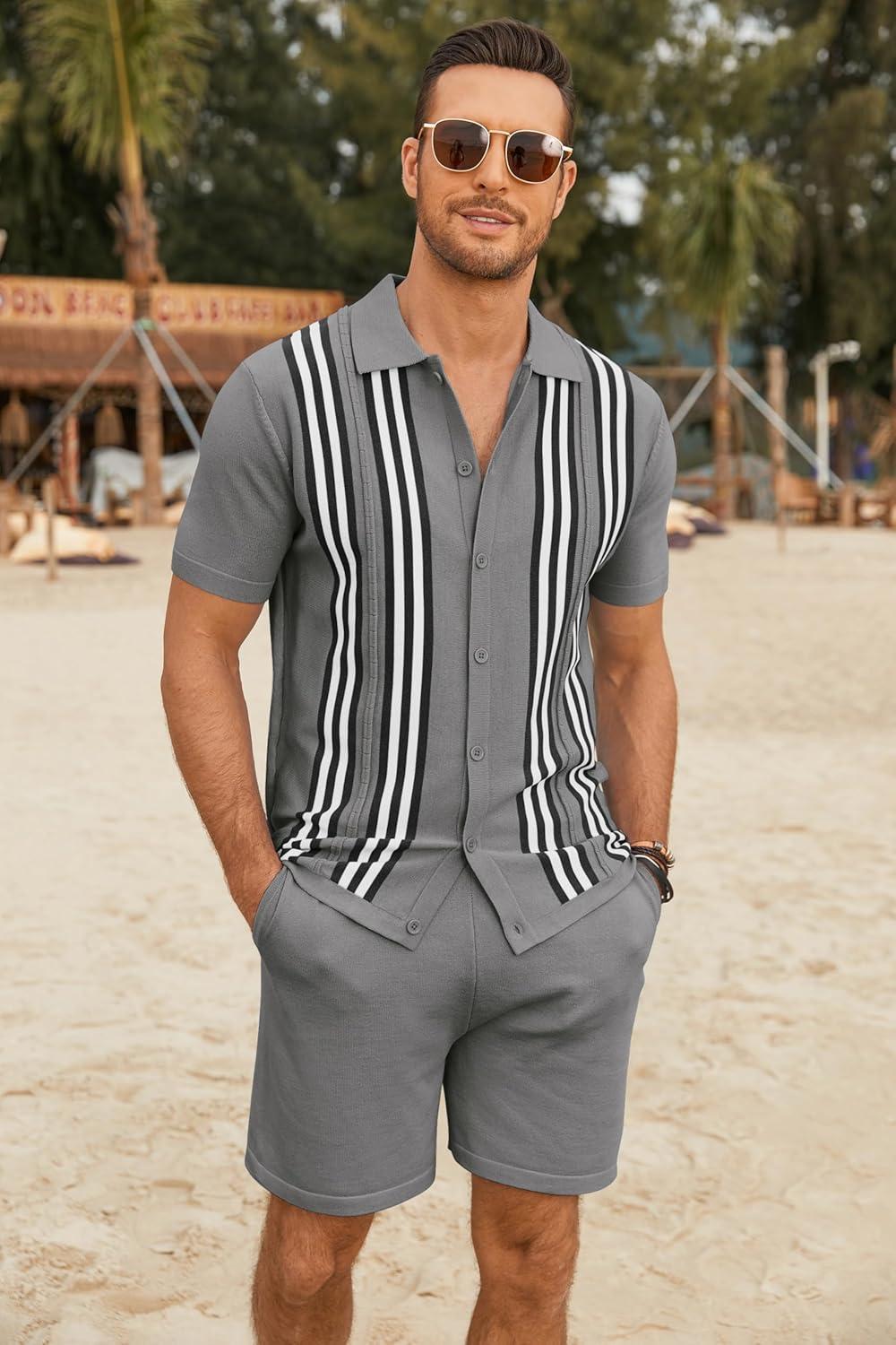 imageCOOFANDY Mens 2 Piece Outfits Knit Button Down Shirt Vintage Short Sleeve Polo Shirts Summer Casual Beach Shorts SetsGrey