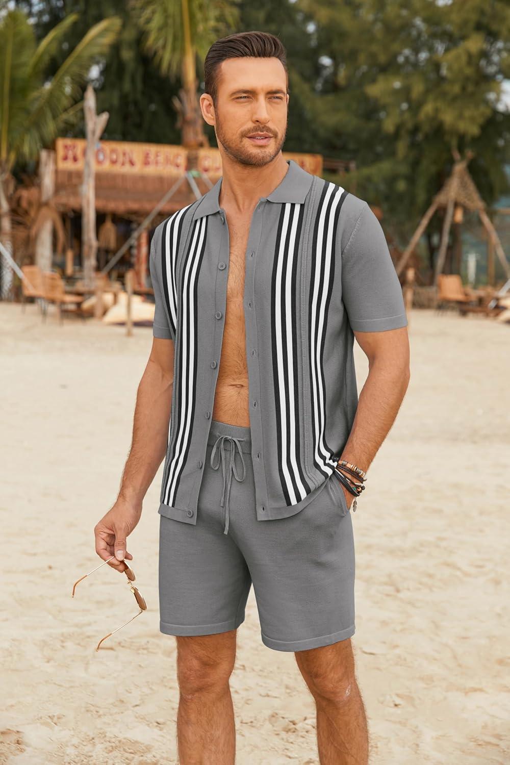 imageCOOFANDY Mens 2 Piece Outfits Knit Button Down Shirt Vintage Short Sleeve Polo Shirts Summer Casual Beach Shorts SetsGrey