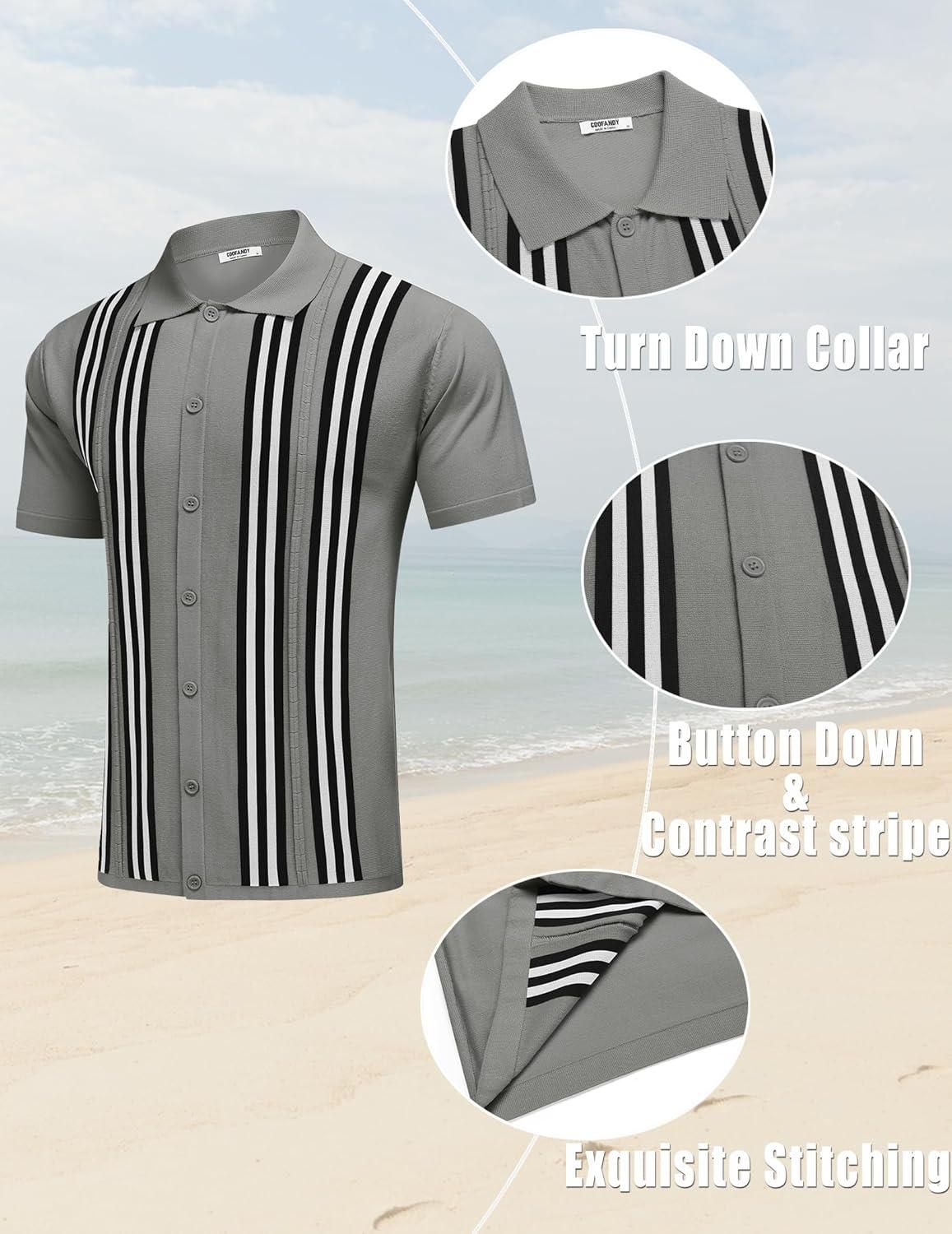 imageCOOFANDY Mens 2 Piece Outfits Knit Button Down Shirt Vintage Short Sleeve Polo Shirts Summer Casual Beach Shorts SetsGrey