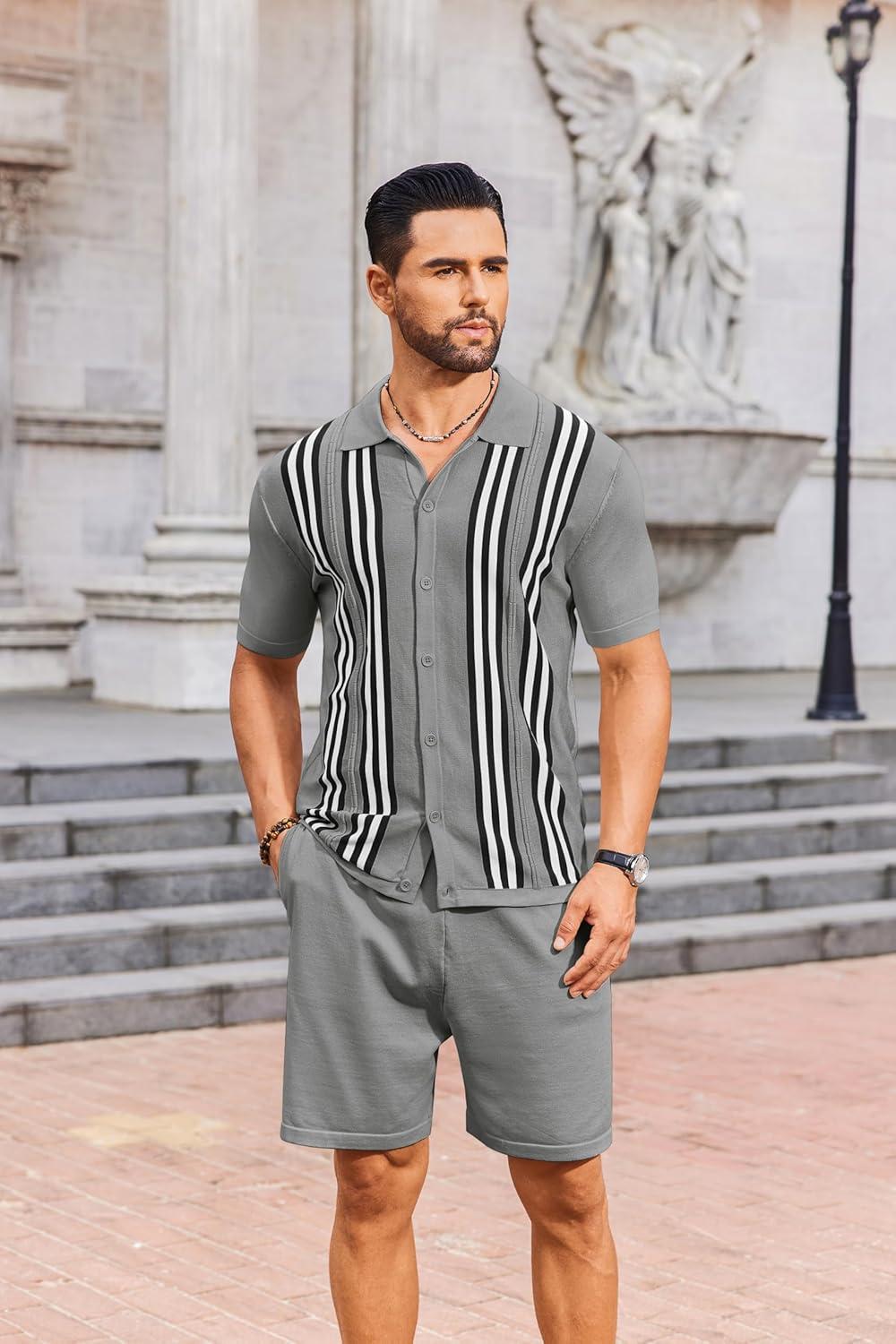 imageCOOFANDY Mens 2 Piece Outfits Knit Button Down Shirt Vintage Short Sleeve Polo Shirts Summer Casual Beach Shorts SetsGrey