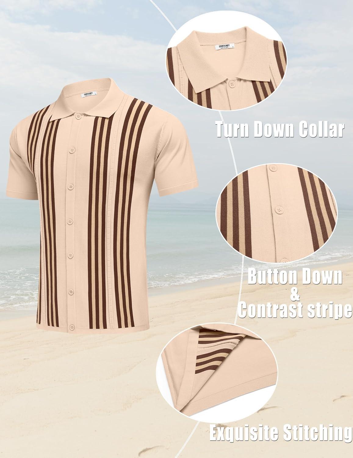imageCOOFANDY Mens 2 Piece Outfits Knit Button Down Shirt Vintage Short Sleeve Polo Shirts Summer Casual Beach Shorts SetsLight Khaki