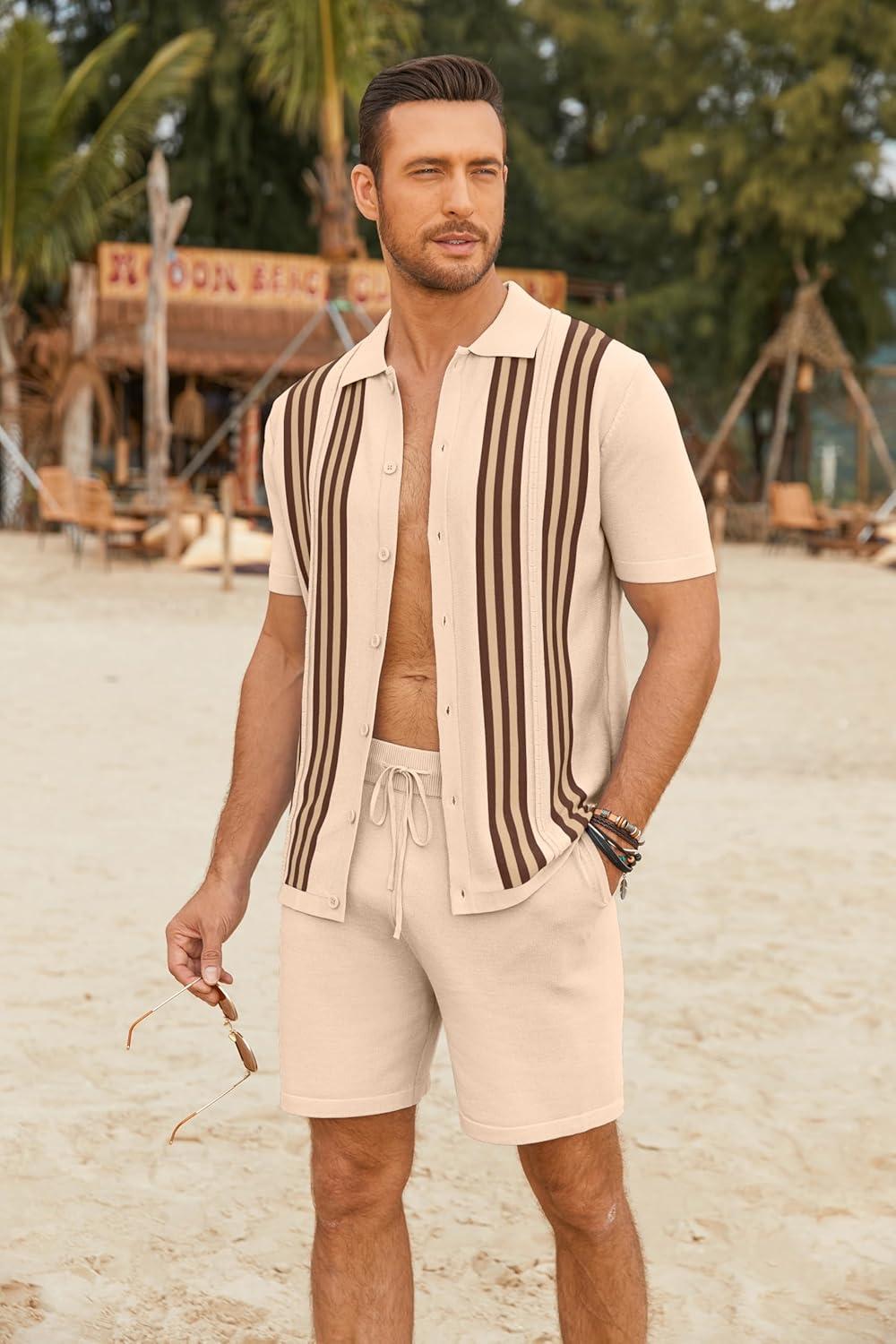 imageCOOFANDY Mens 2 Piece Outfits Knit Button Down Shirt Vintage Short Sleeve Polo Shirts Summer Casual Beach Shorts SetsLight Khaki