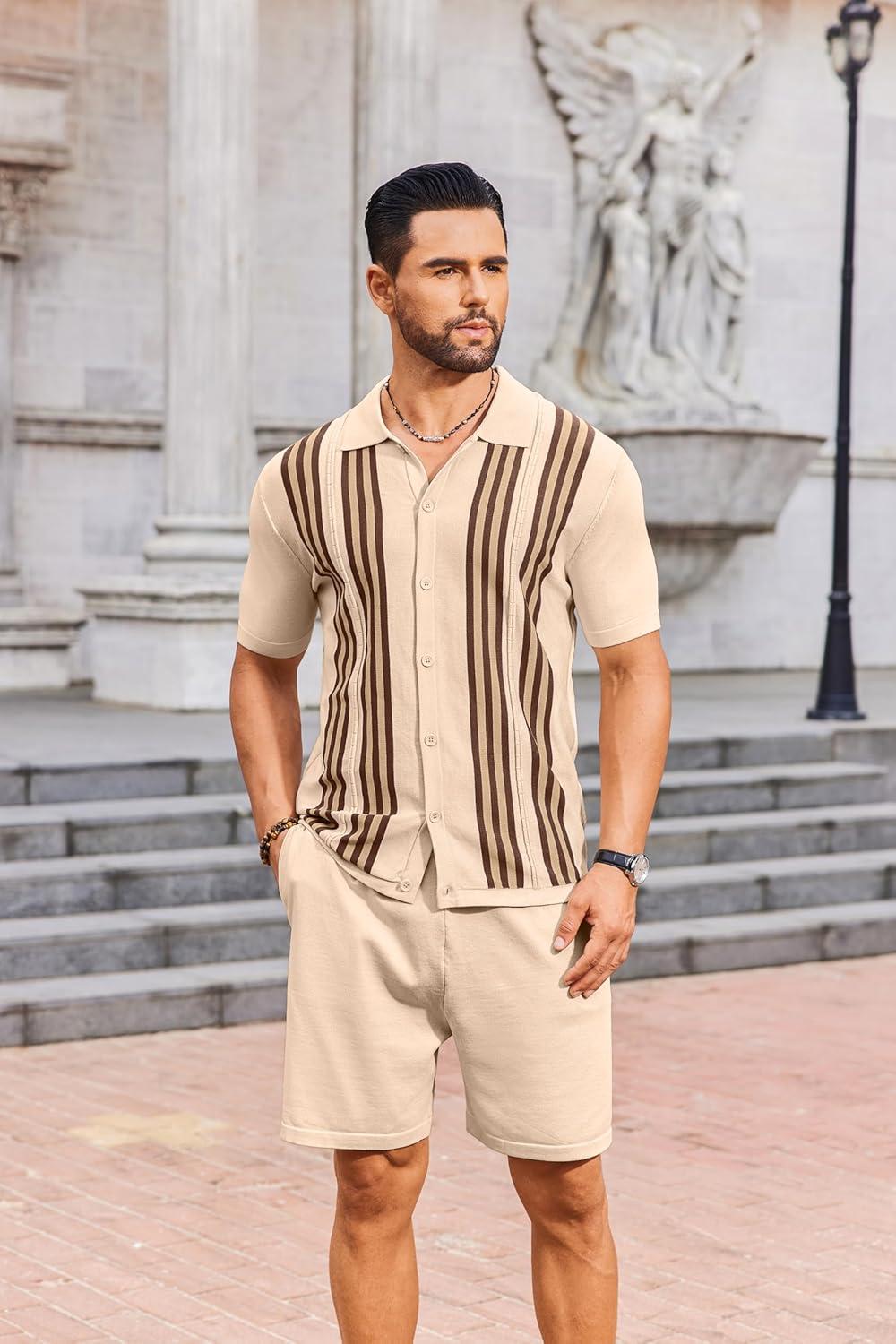 imageCOOFANDY Mens 2 Piece Outfits Knit Button Down Shirt Vintage Short Sleeve Polo Shirts Summer Casual Beach Shorts SetsLight Khaki
