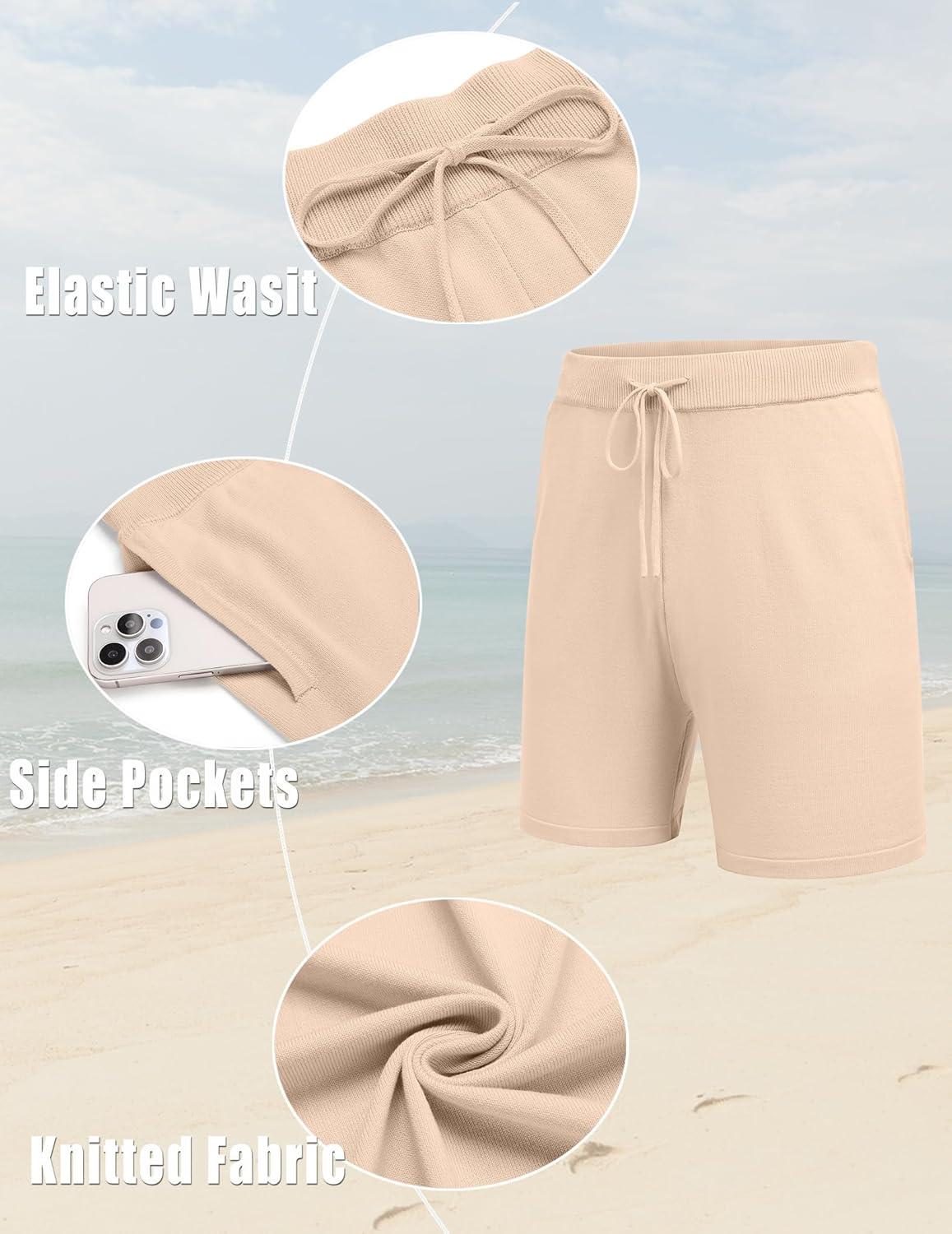 imageCOOFANDY Mens 2 Piece Outfits Knit Button Down Shirt Vintage Short Sleeve Polo Shirts Summer Casual Beach Shorts SetsLight Khaki