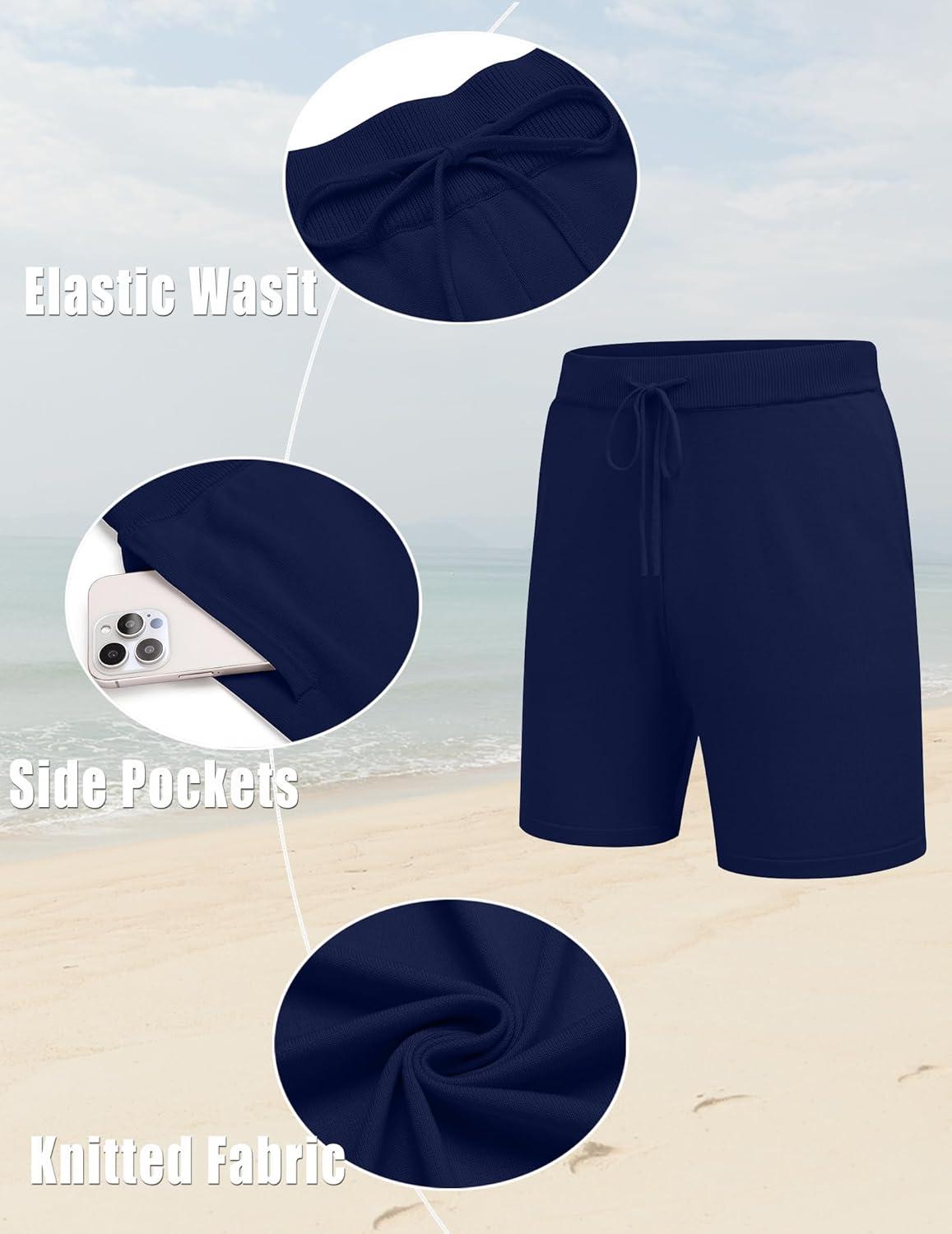 imageCOOFANDY Mens 2 Piece Outfits Knit Button Down Shirt Vintage Short Sleeve Polo Shirts Summer Casual Beach Shorts SetsNavy Blue