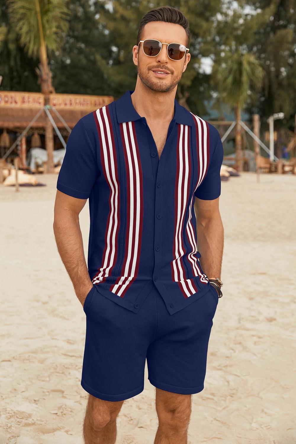 imageCOOFANDY Mens 2 Piece Outfits Knit Button Down Shirt Vintage Short Sleeve Polo Shirts Summer Casual Beach Shorts SetsNavy Blue
