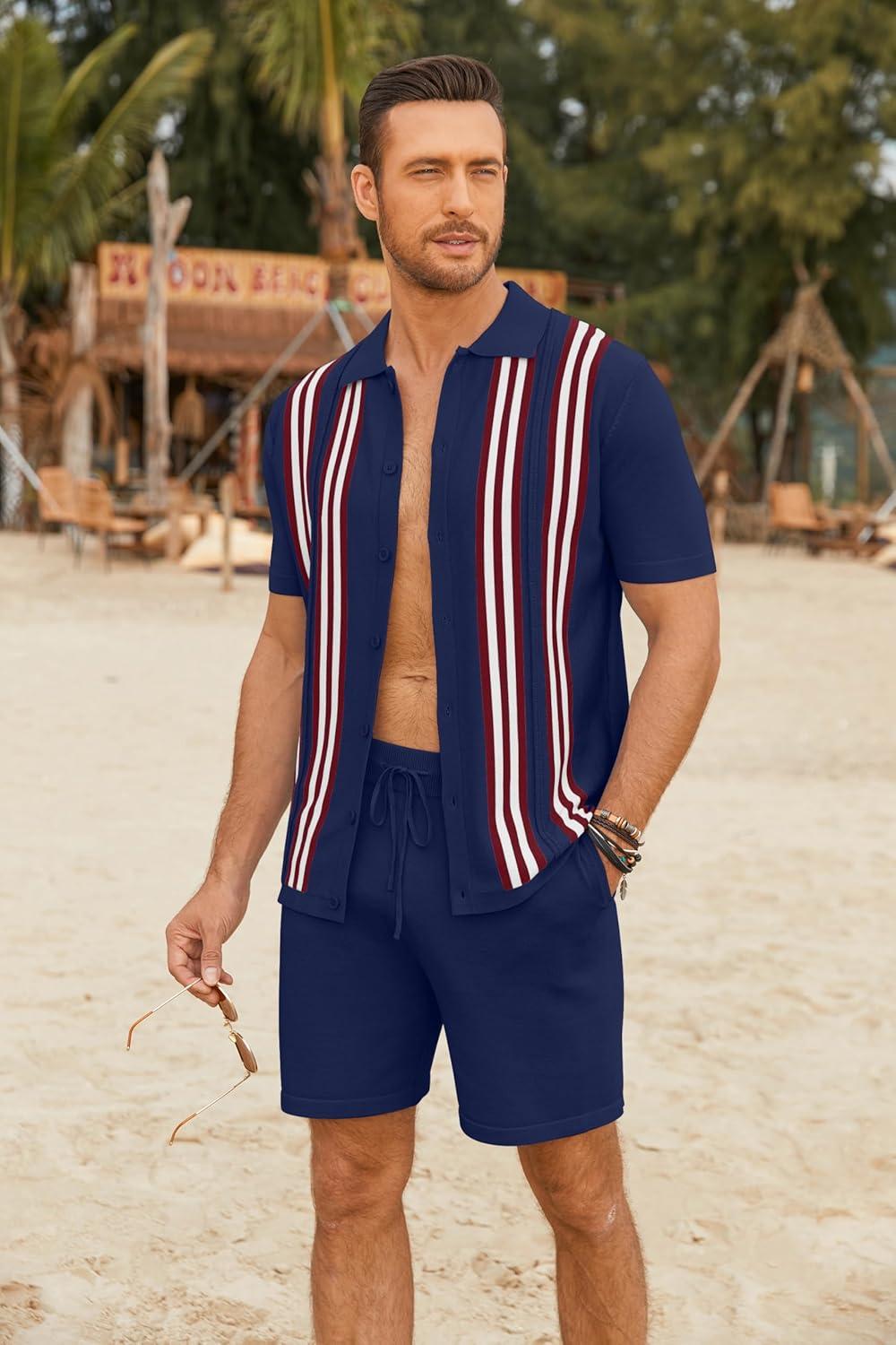 imageCOOFANDY Mens 2 Piece Outfits Knit Button Down Shirt Vintage Short Sleeve Polo Shirts Summer Casual Beach Shorts SetsNavy Blue