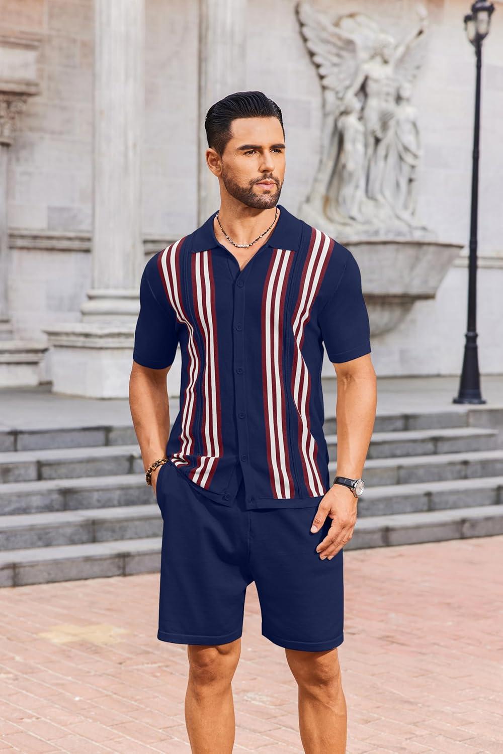 imageCOOFANDY Mens 2 Piece Outfits Knit Button Down Shirt Vintage Short Sleeve Polo Shirts Summer Casual Beach Shorts SetsNavy Blue