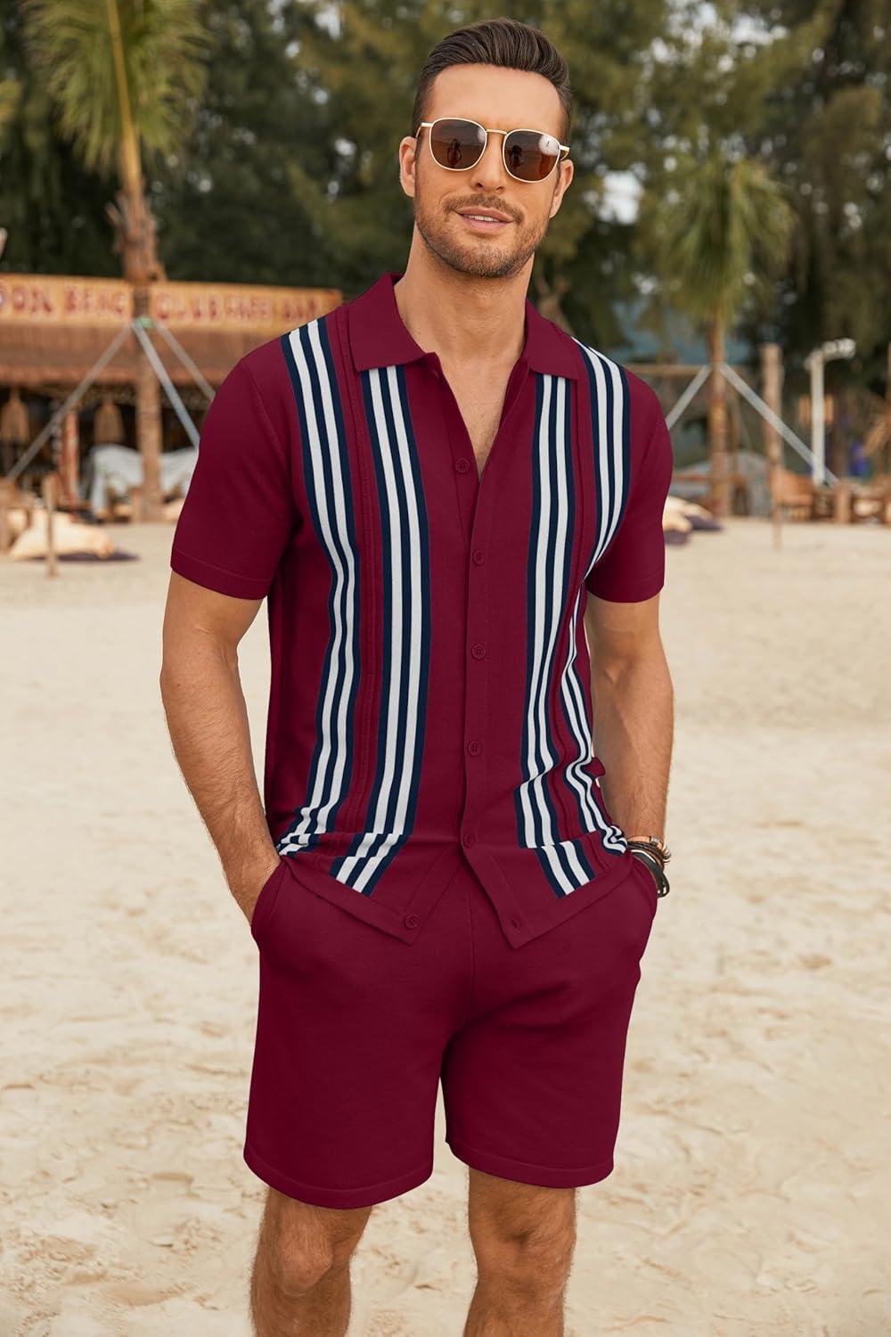 imageCOOFANDY Mens 2 Piece Outfits Knit Button Down Shirt Vintage Short Sleeve Polo Shirts Summer Casual Beach Shorts SetsWine Red