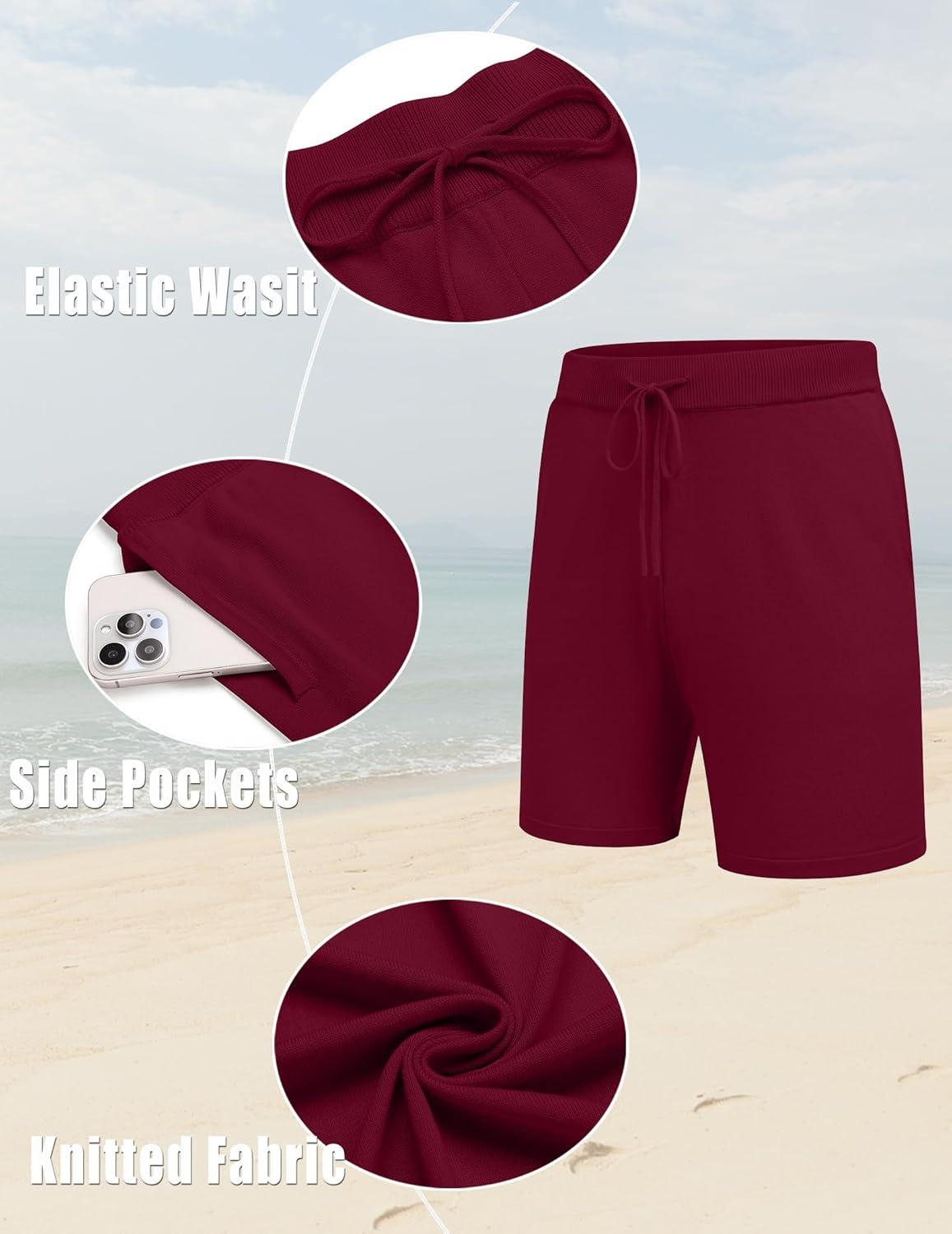 imageCOOFANDY Mens 2 Piece Outfits Knit Button Down Shirt Vintage Short Sleeve Polo Shirts Summer Casual Beach Shorts SetsWine Red