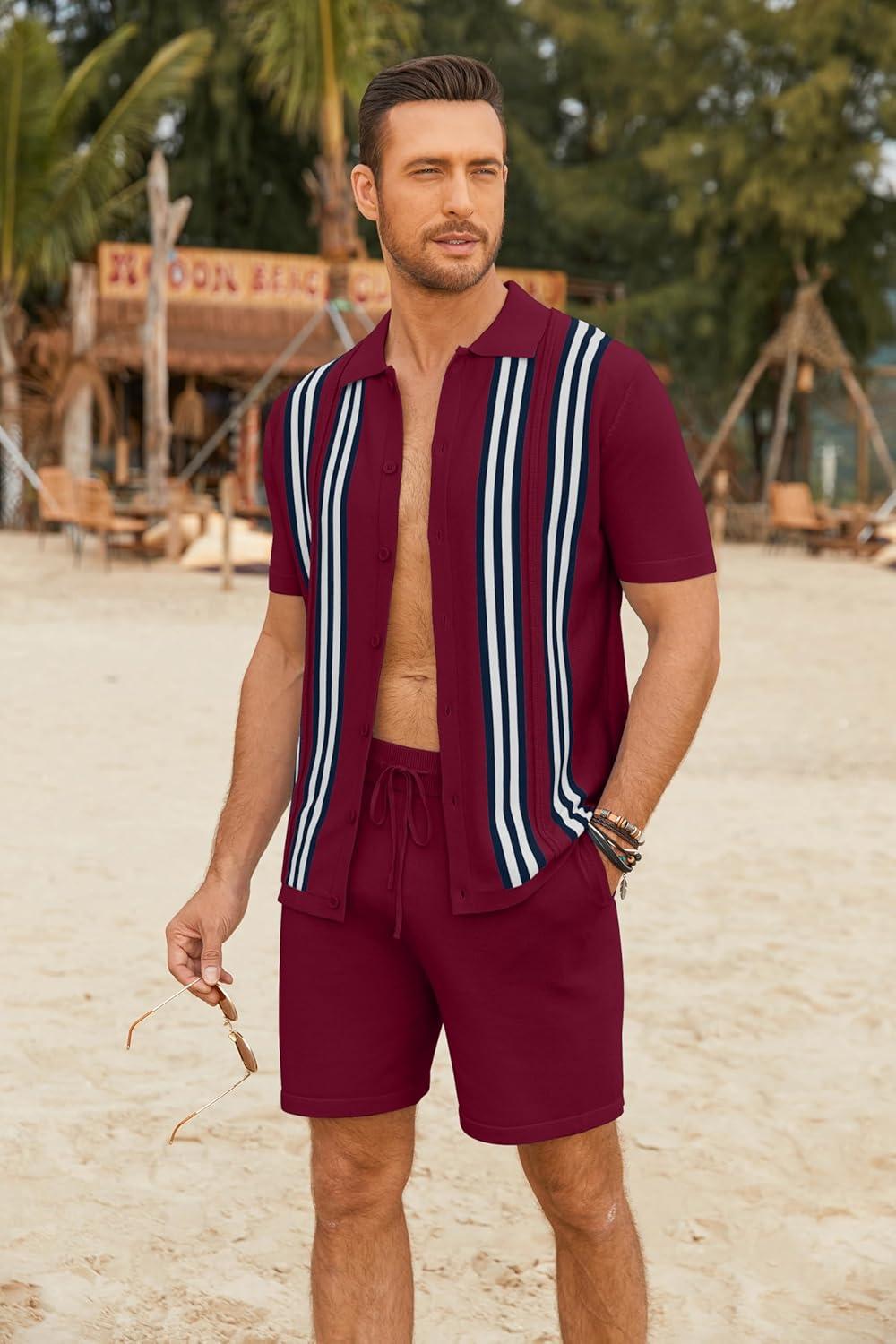imageCOOFANDY Mens 2 Piece Outfits Knit Button Down Shirt Vintage Short Sleeve Polo Shirts Summer Casual Beach Shorts SetsWine Red