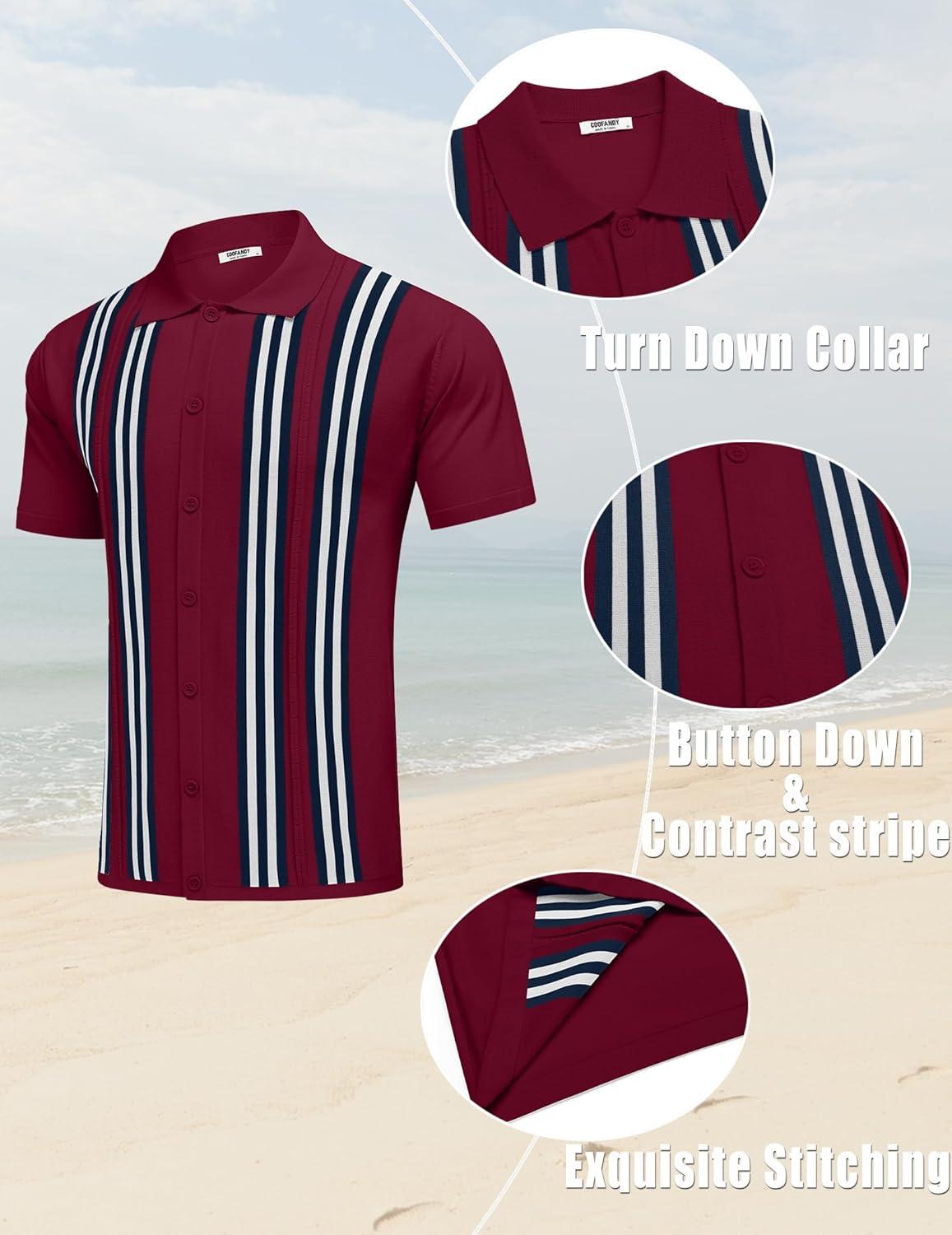 imageCOOFANDY Mens 2 Piece Outfits Knit Button Down Shirt Vintage Short Sleeve Polo Shirts Summer Casual Beach Shorts SetsWine Red