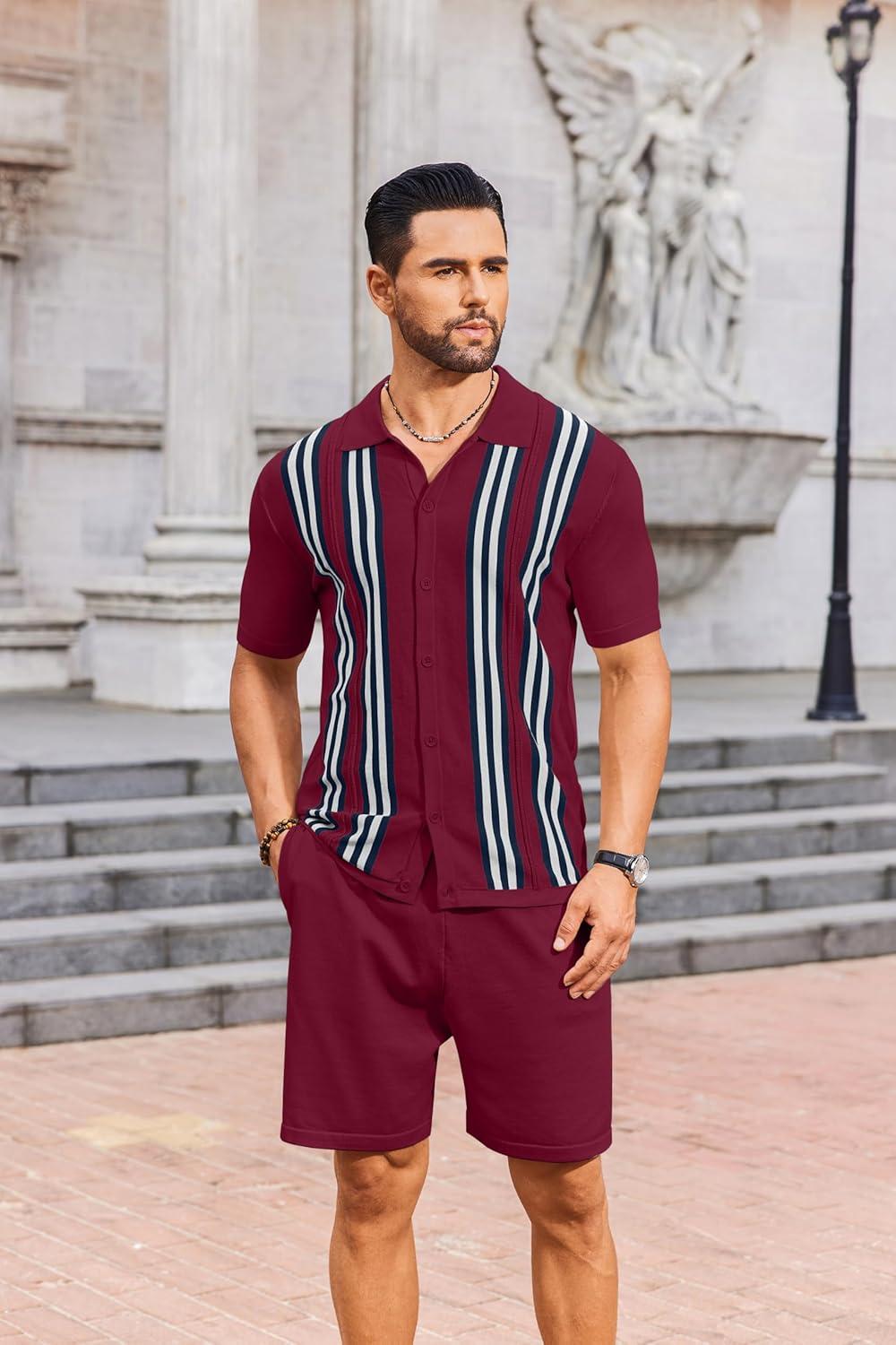 imageCOOFANDY Mens 2 Piece Outfits Knit Button Down Shirt Vintage Short Sleeve Polo Shirts Summer Casual Beach Shorts SetsWine Red