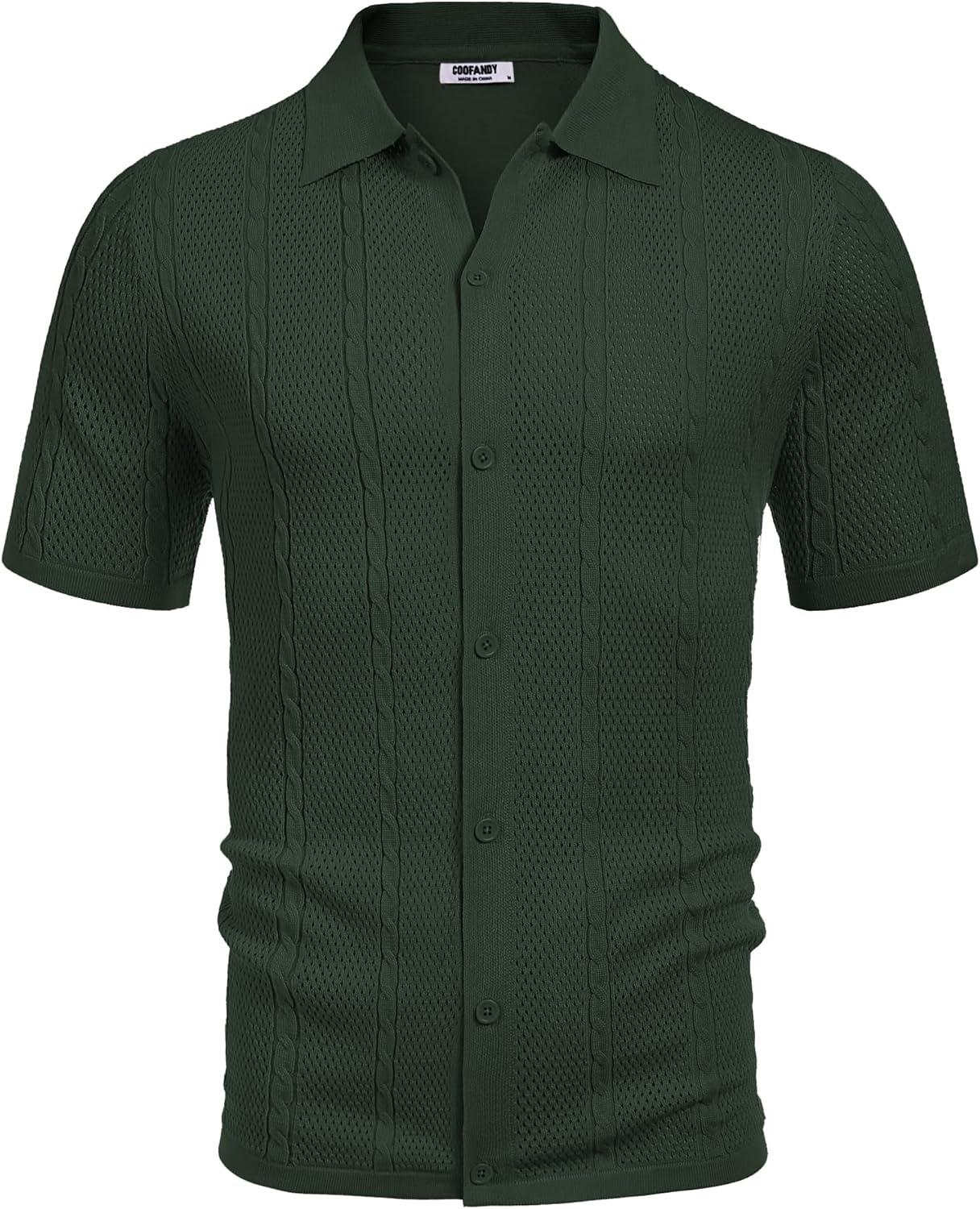imageCOOFANDY Mens Knit Button Down Shirts Casual Textured Polo Shirt Short Sleeve Vintage Summer Beach TopsArmy Green