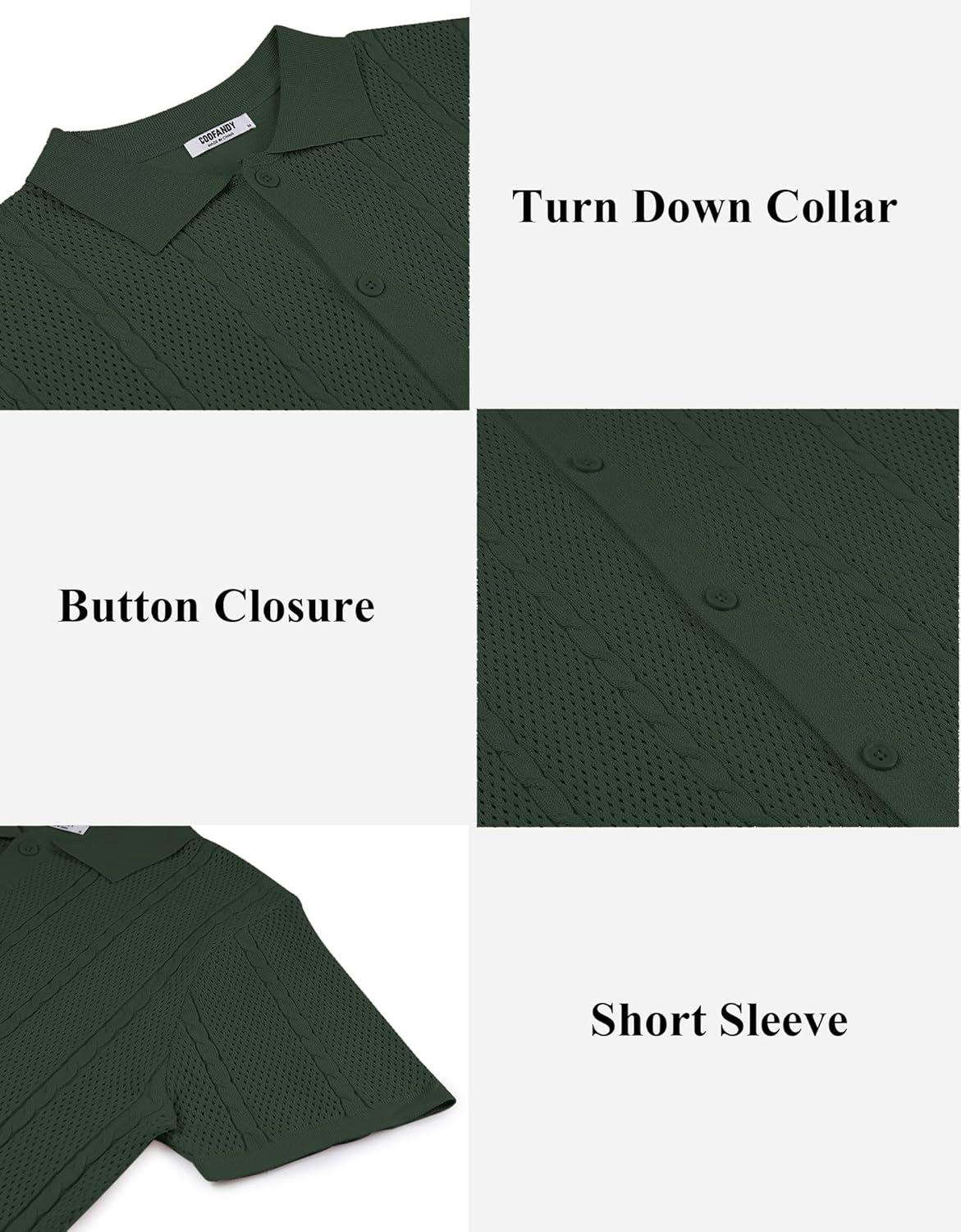 imageCOOFANDY Mens Knit Button Down Shirts Casual Textured Polo Shirt Short Sleeve Vintage Summer Beach TopsArmy Green