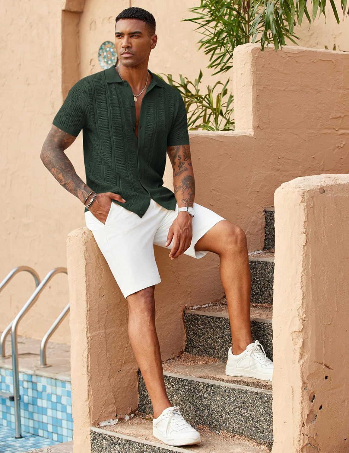 imageCOOFANDY Mens Knit Button Down Shirts Casual Textured Polo Shirt Short Sleeve Vintage Summer Beach TopsArmy Green