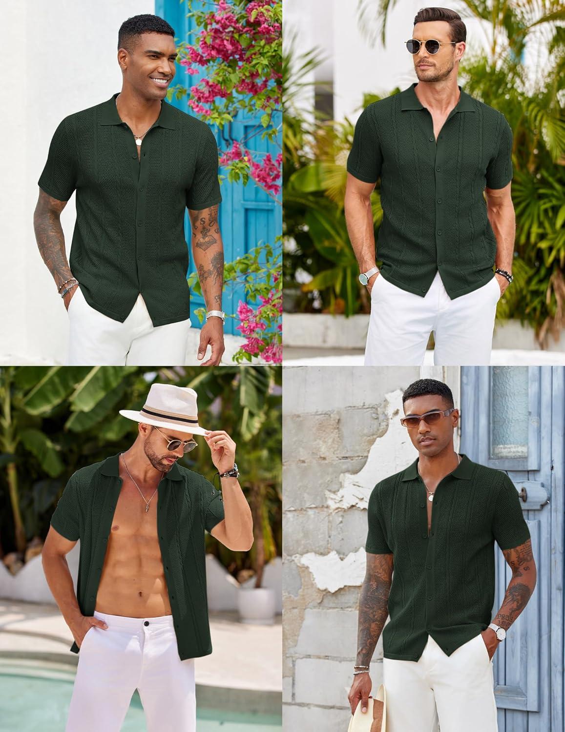 imageCOOFANDY Mens Knit Button Down Shirts Casual Textured Polo Shirt Short Sleeve Vintage Summer Beach TopsArmy Green
