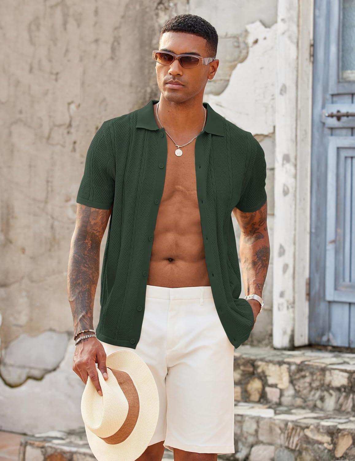 imageCOOFANDY Mens Knit Button Down Shirts Casual Textured Polo Shirt Short Sleeve Vintage Summer Beach TopsArmy Green