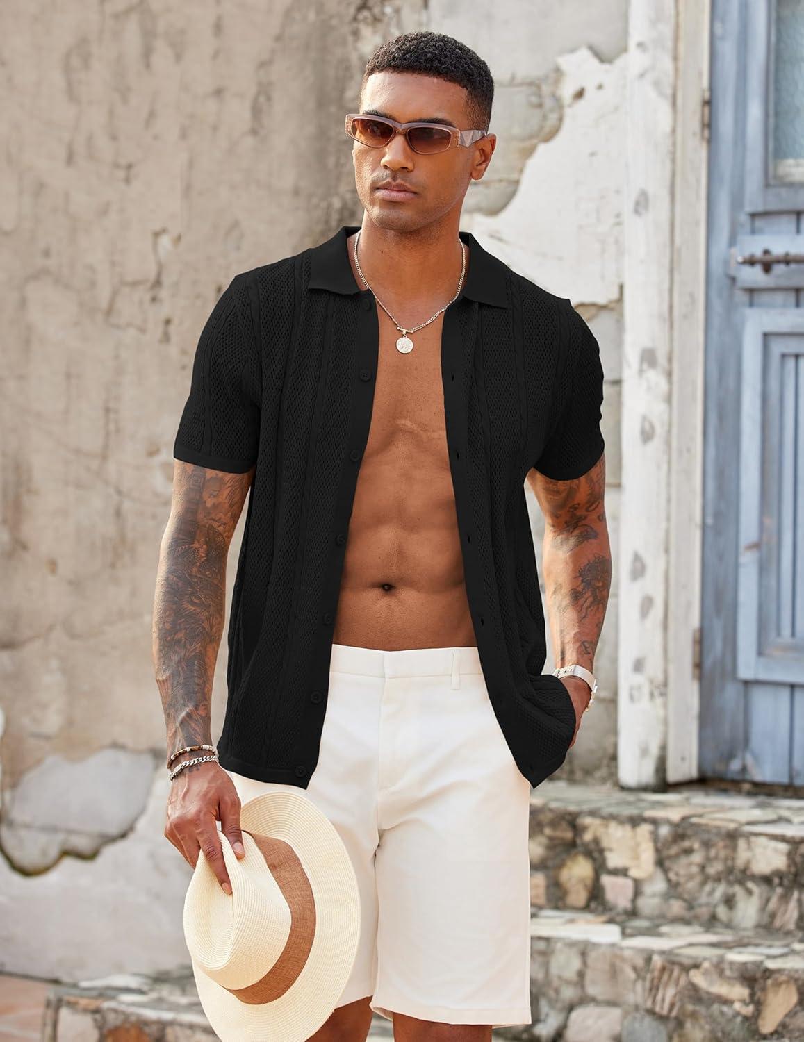 imageCOOFANDY Mens Knit Button Down Shirts Casual Textured Polo Shirt Short Sleeve Vintage Summer Beach TopsBlack