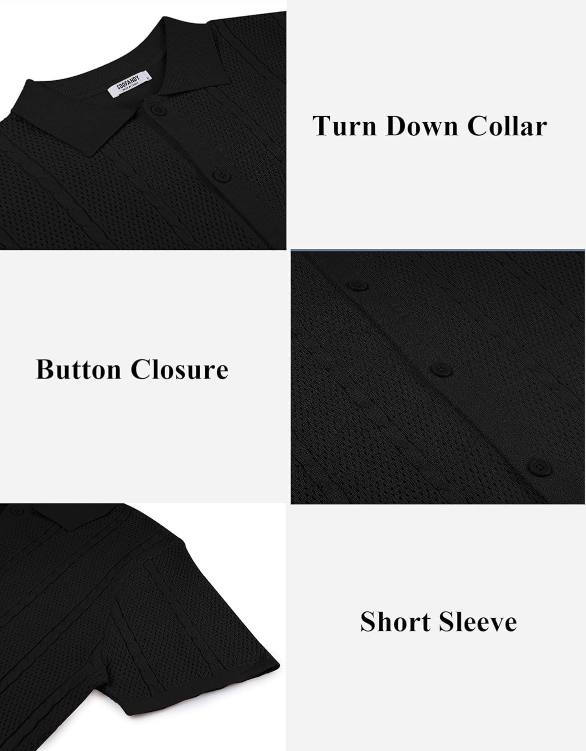 imageCOOFANDY Mens Knit Button Down Shirts Casual Textured Polo Shirt Short Sleeve Vintage Summer Beach TopsBlack