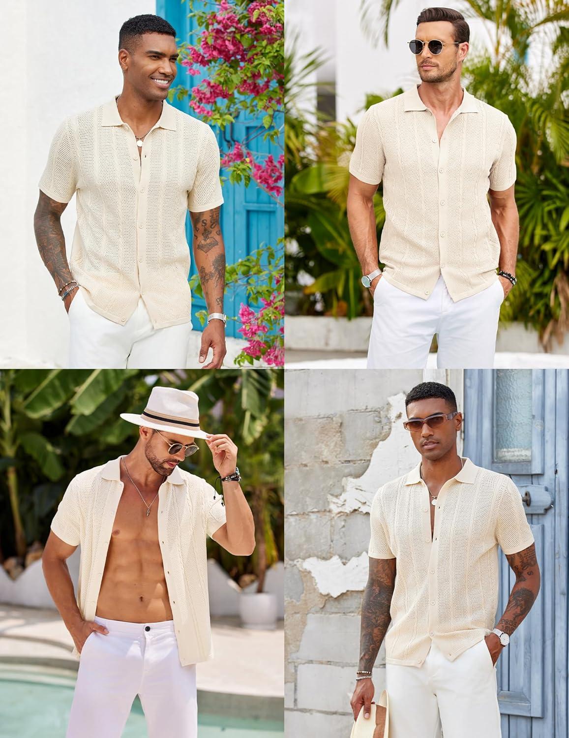 imageCOOFANDY Mens Knit Button Down Shirts Casual Textured Polo Shirt Short Sleeve Vintage Summer Beach TopsCream