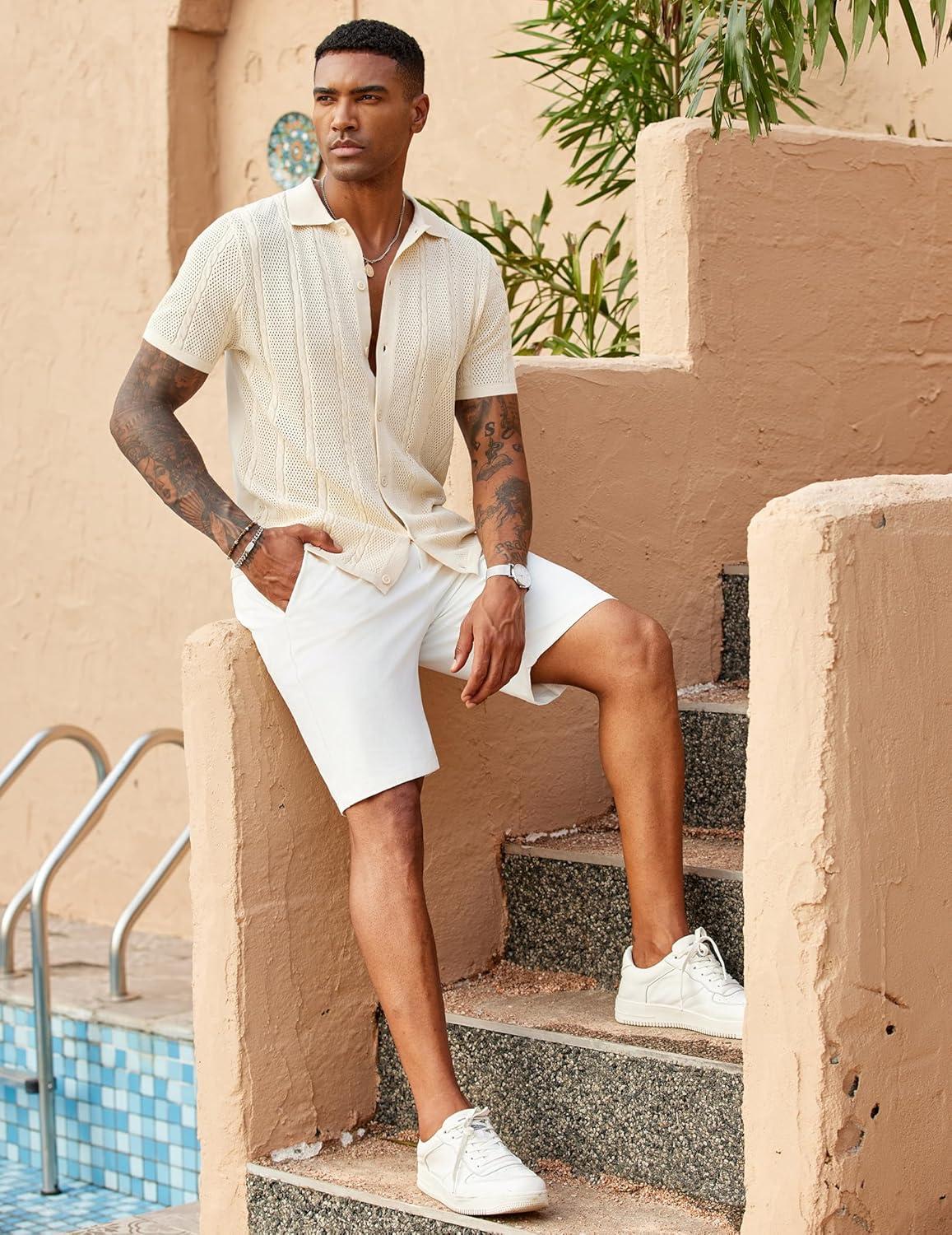 imageCOOFANDY Mens Knit Button Down Shirts Casual Textured Polo Shirt Short Sleeve Vintage Summer Beach TopsCream