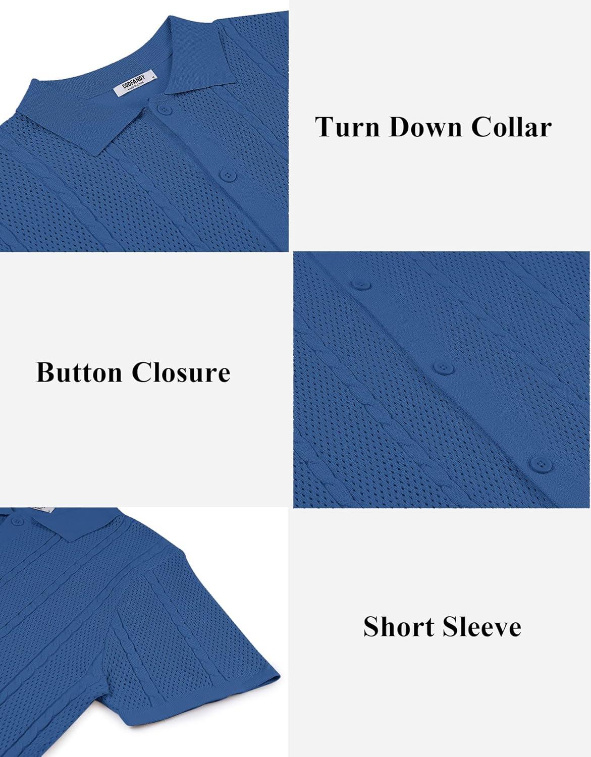 imageCOOFANDY Mens Knit Button Down Shirts Casual Textured Polo Shirt Short Sleeve Vintage Summer Beach TopsDeep Blue