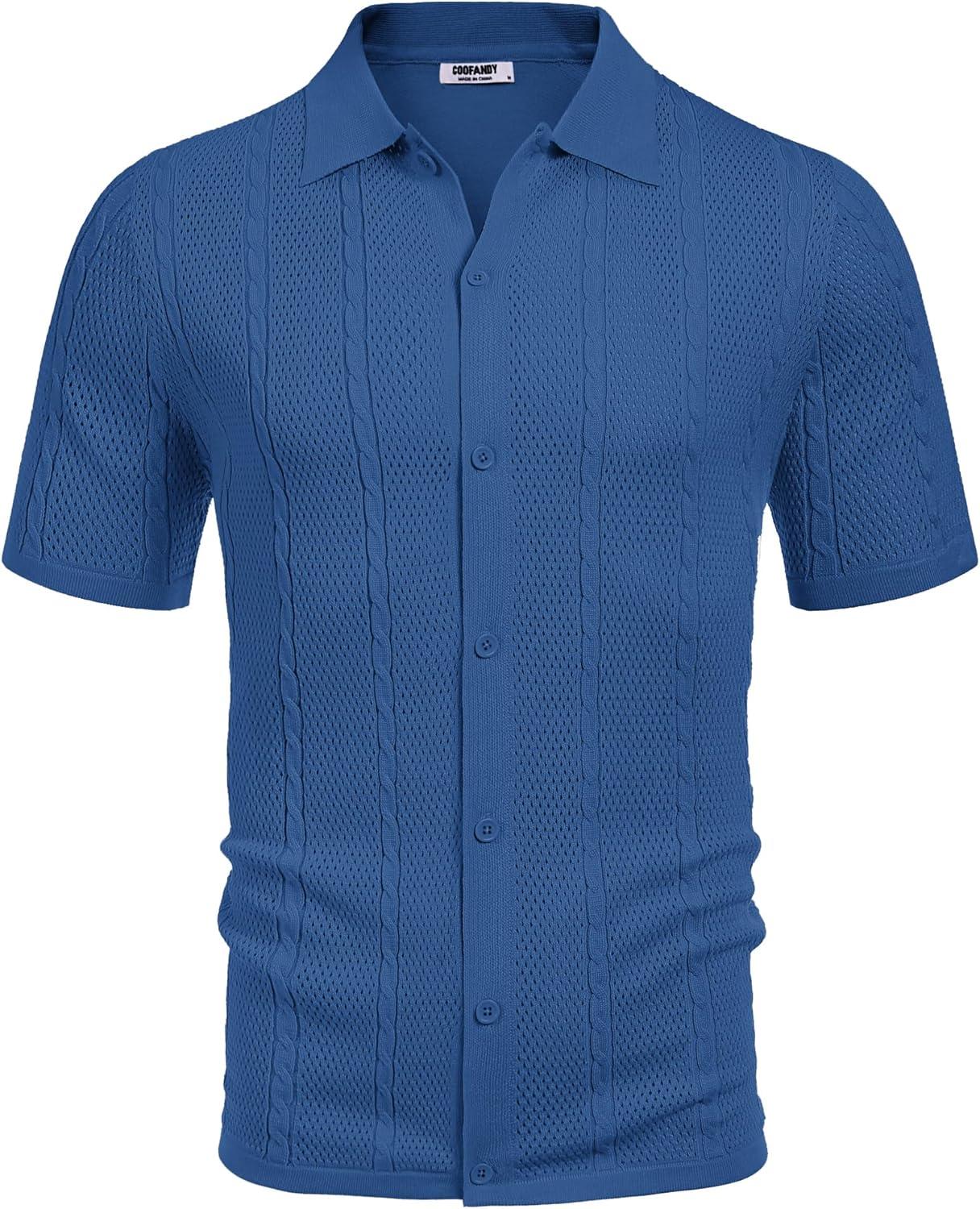 imageCOOFANDY Mens Knit Button Down Shirts Casual Textured Polo Shirt Short Sleeve Vintage Summer Beach TopsDeep Blue